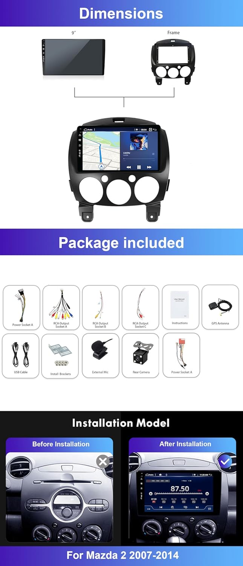 MISONDA 9Inch IPS Touch Screen Double Din Android 14 Car Stereo Radio GPS Navigation for Mazda 2 2007-2014 Head Unit Free Camera&Mic Support Carplay DSP BT FM Wifi SWC 4G+64G image number 1