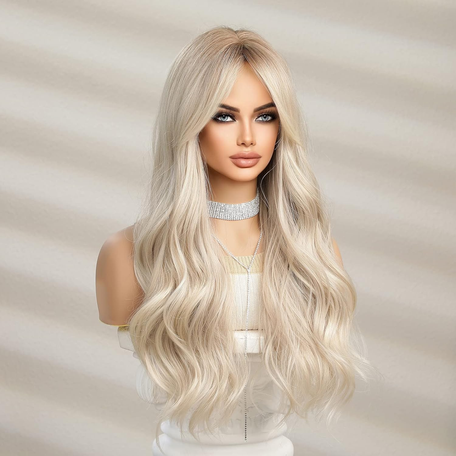 KIELO Long Wavy Synthetic Wig, Light Blonde, 66 Cm, Heat Resistant, Middle Part - Black image number 6