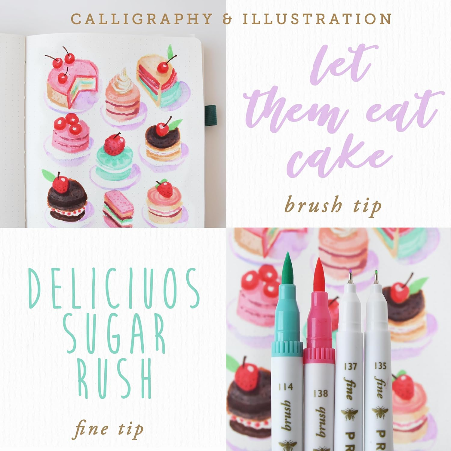 Primrosia 12 Dual Tip Watercolor Marker Pens - Fine Tip & Brush Tips, Professional Quality, 4 X Sticker Sheets, Blendable, Non-Toxic, Perfect for Calligraphy, Drawing & Coloring. (Patisserie) image number 2