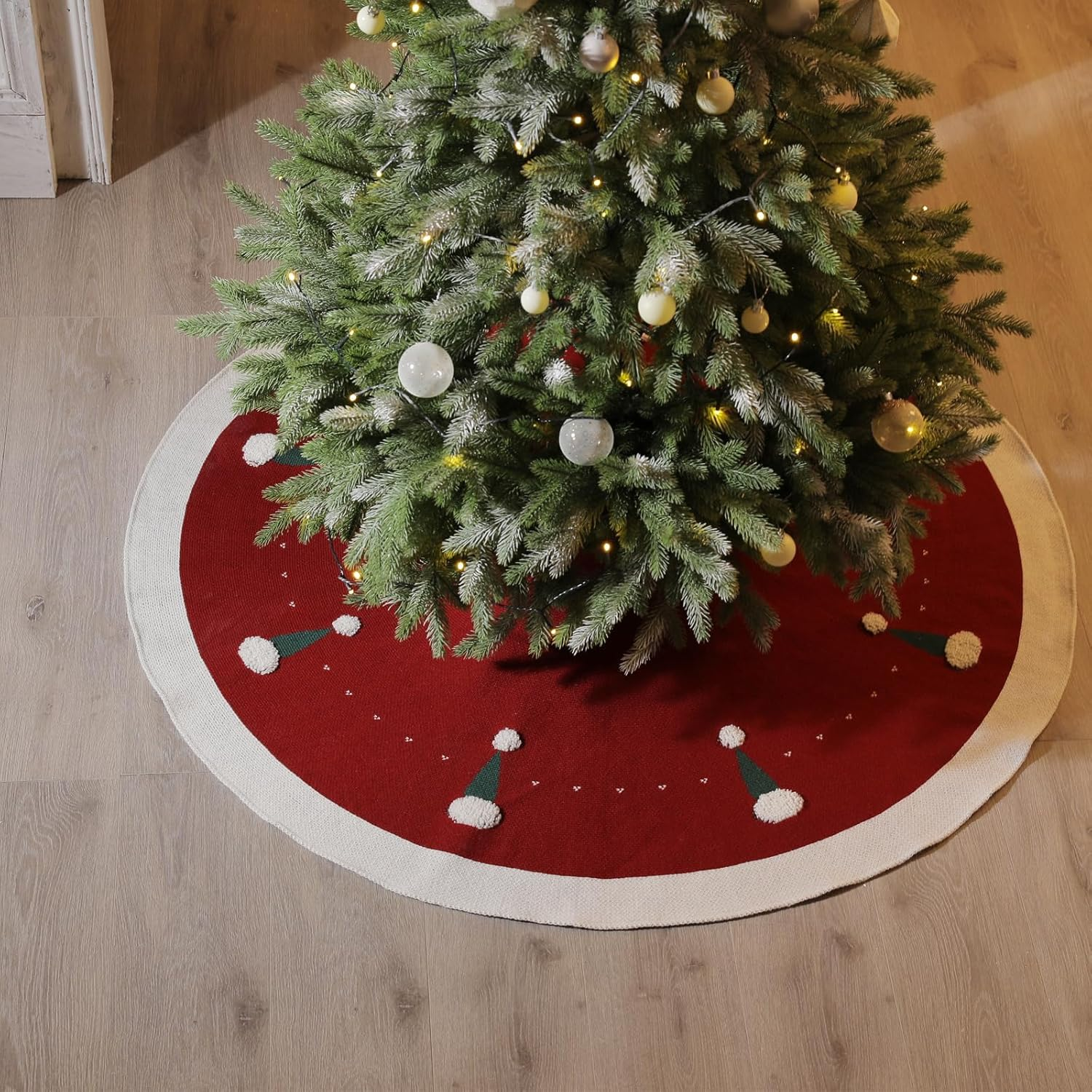 VNPONV Knitted Christmas Tree Skirt 48 Inches, Large Red Tree Skirt Luxury Christmas Decorations, Thick Xmas Tree Skirt with Cute Christmas Hat and White Fluffy Ball for Holiday Party Christmas Decor image number 5