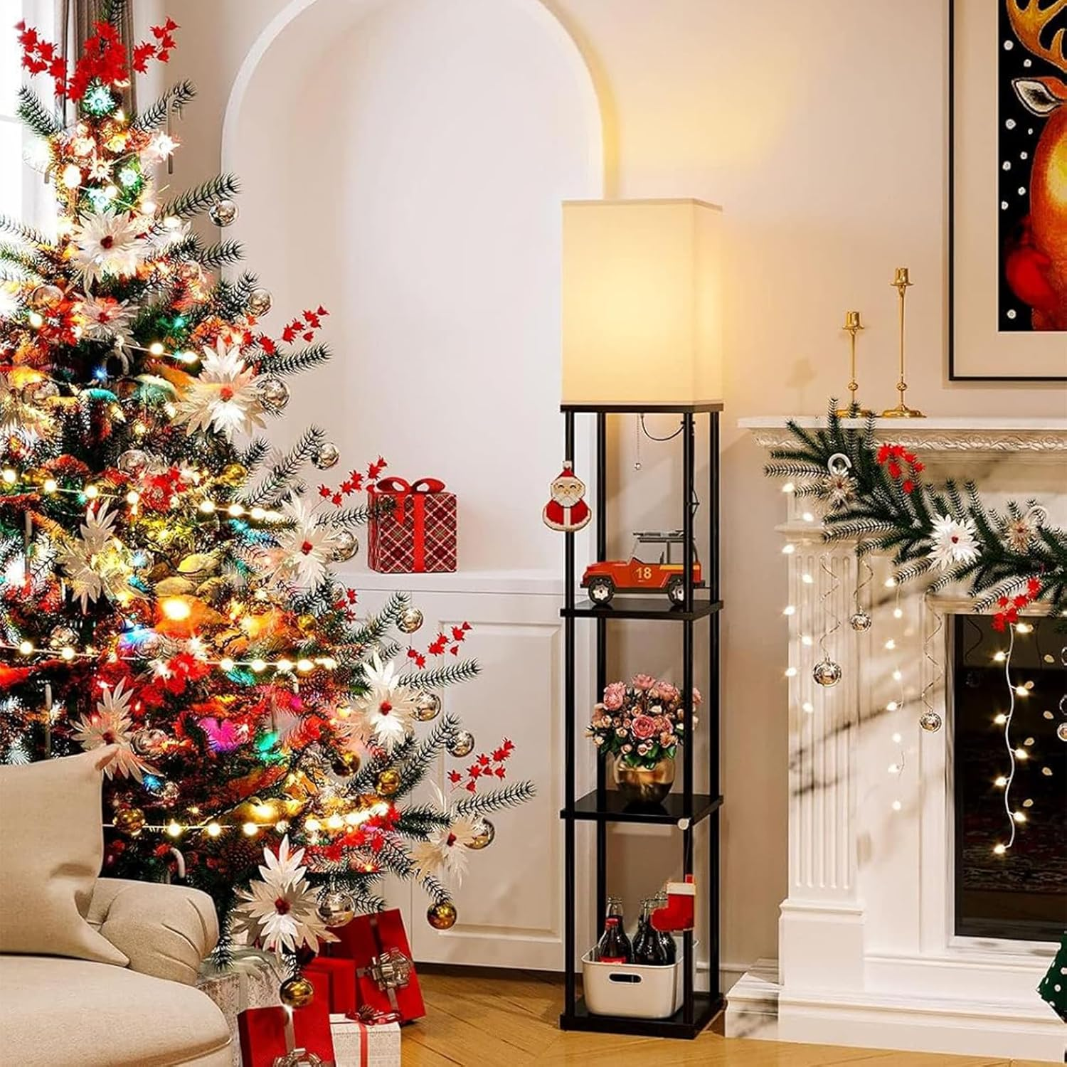 Floor Lamp, Vintage Wood Led Light Lamps Bookshelf Corner Shelf Standing Lights Display Stand Storage Organiser Home Decor for Living Room Bedroom, 3 Tier Shelves Pull-String Switch Black image number 4