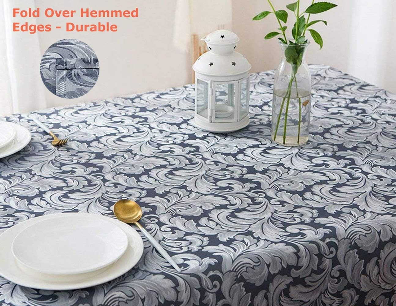 Tektrum 70 X 70 Inch Square Damask Jacquard Tablecloth Table Cover - Waterproof/Spill Proof/Stain Resistant/Wrinkle Free/Heavy Duty - Great for Banquet, Parties, Dinner, Kitchen, Wedding (Stone Blue) image number 2