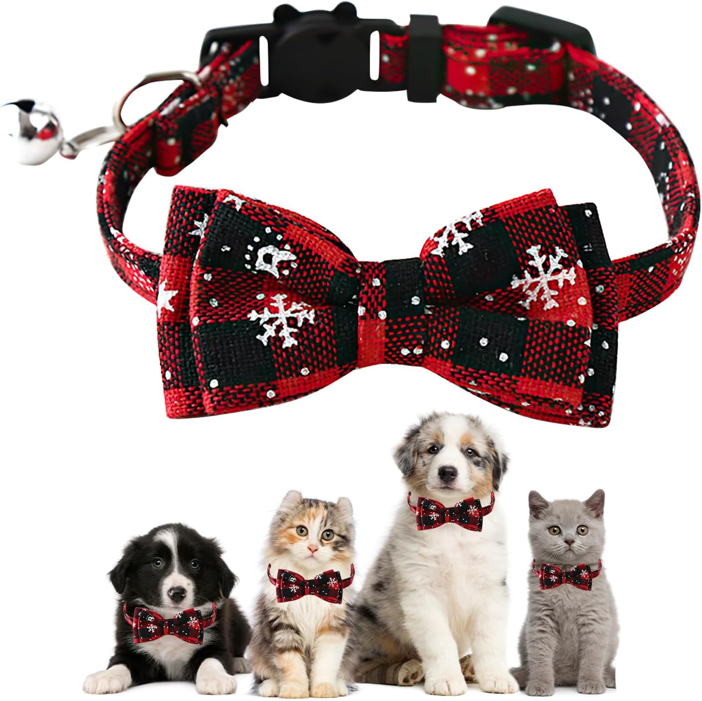 Christmas Collar Dog Cat Christmas Collar Christmas Collar with Removable Bow, Collars with Bow Tie Christmas, Checked Costume Dog Collar for Cats and Puppies (Red) image number 6