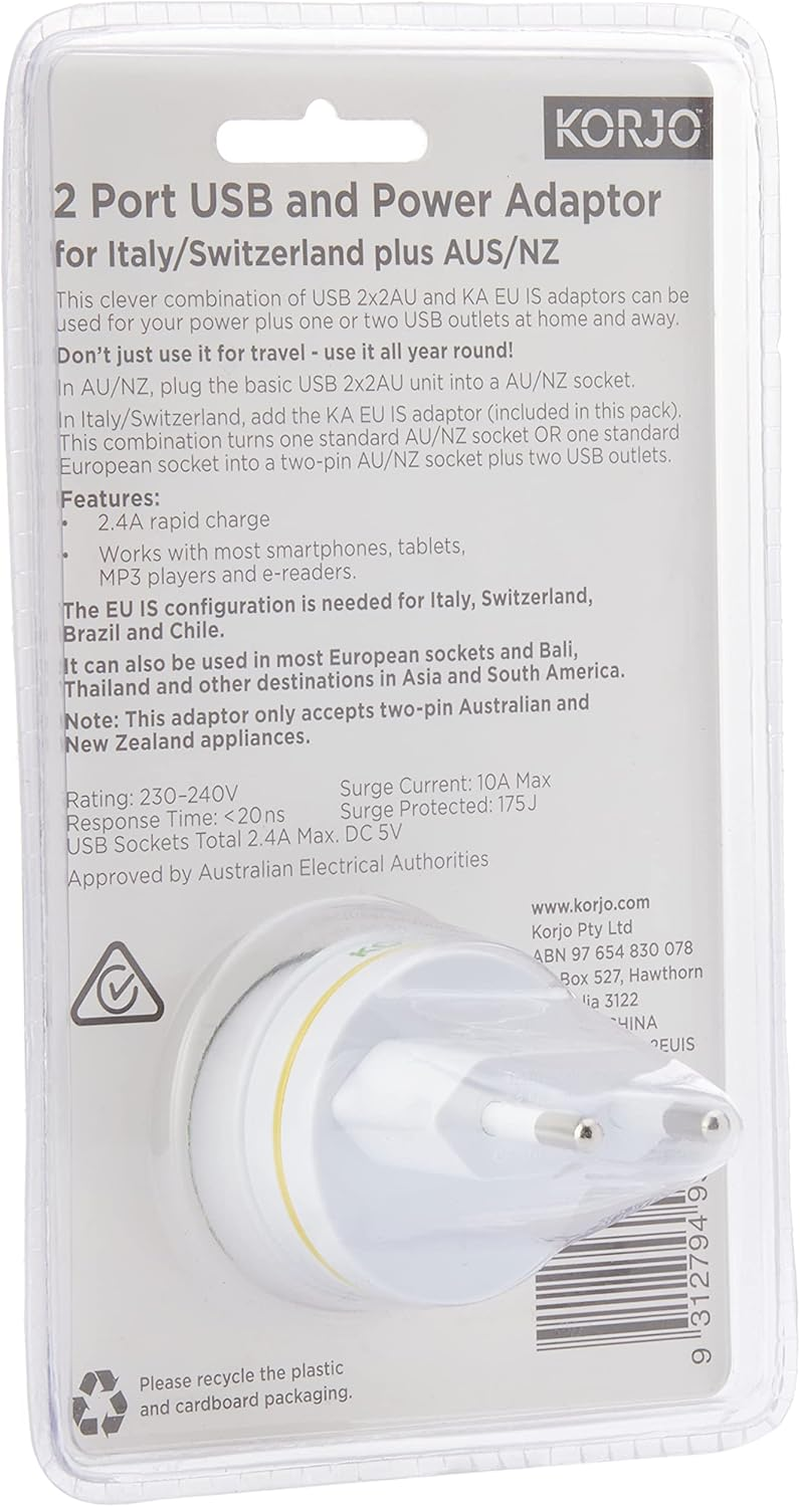 Korjo 2 Port USB-A & Power Adaptor - EU (Italy & Switzerland), White image number 1