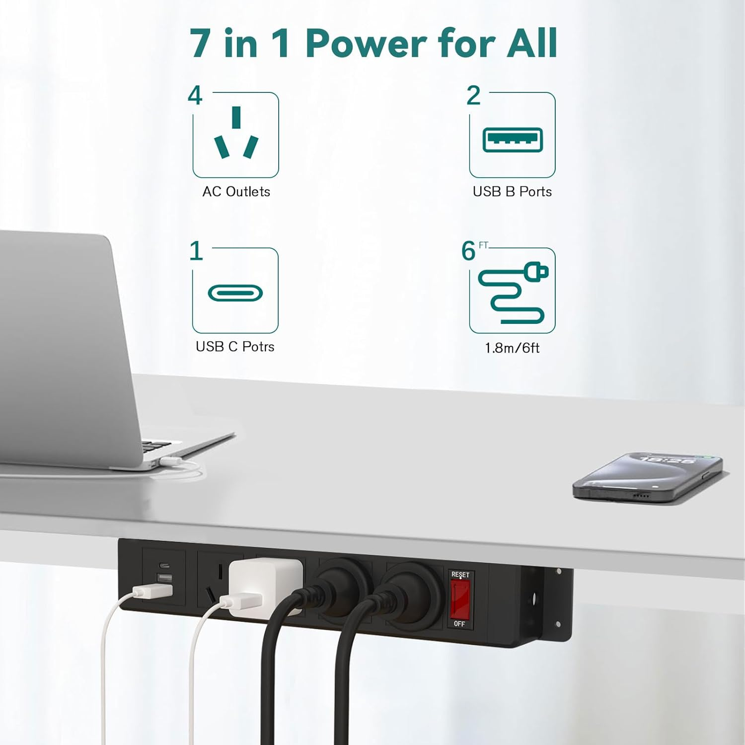 Wall Mount Power Strip AU Plug with 4 AC Outlets, USB Ports & USB-C, Overload Protection, Mountable Power Strip Garage Power Strip under Cabinet Power Strip Wall Mount Mountable Design with 1.8M Cord