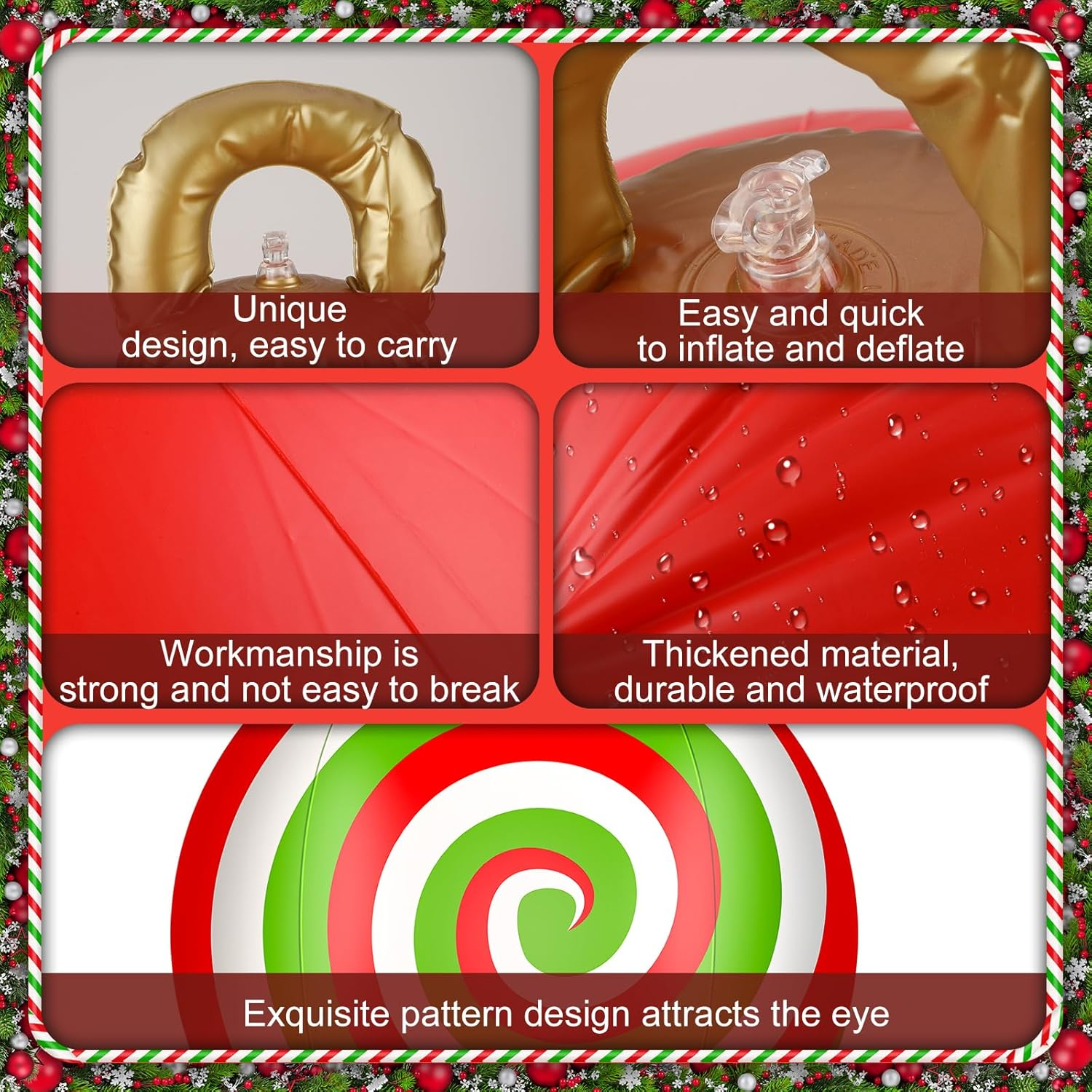 Jetec 32 Inch Giant PVC Inflatable Christmas Ball Ornaments Large Xmas Blow Ball Decorations Inflatables Outdoor Holiday Decorations Christmas Blow up Yard Decor(8 Pcs,Candy Pattern)