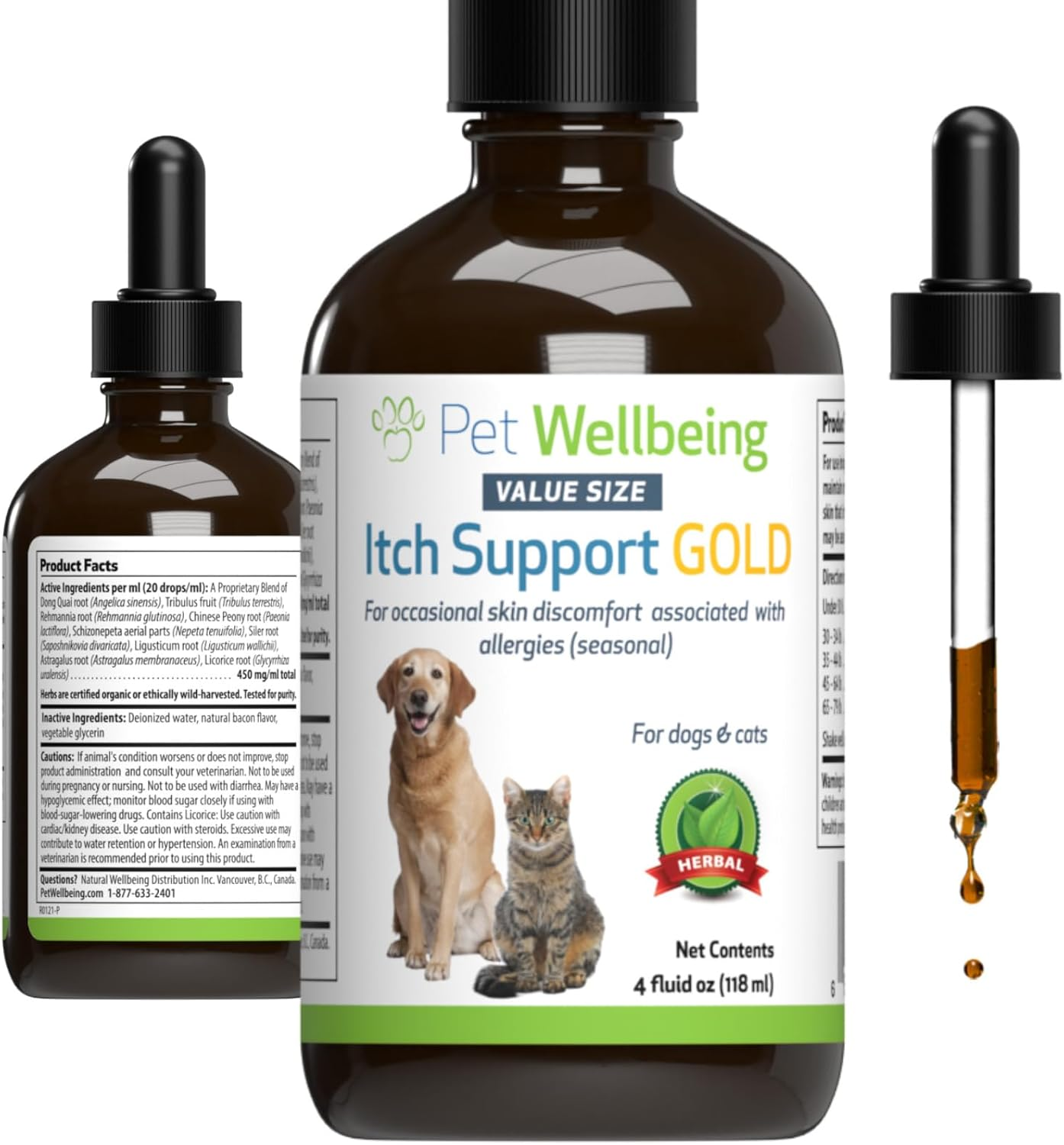 Pet Wellbeing Itch Support Gold for Dogs & Cats - Occasional Itching, Scratching, and Hot Spots, Environmental & Seasonal Allergies, Dong Quai - Veterinarian-Formulated Herbal Supplement 4 Oz (118 Ml)
