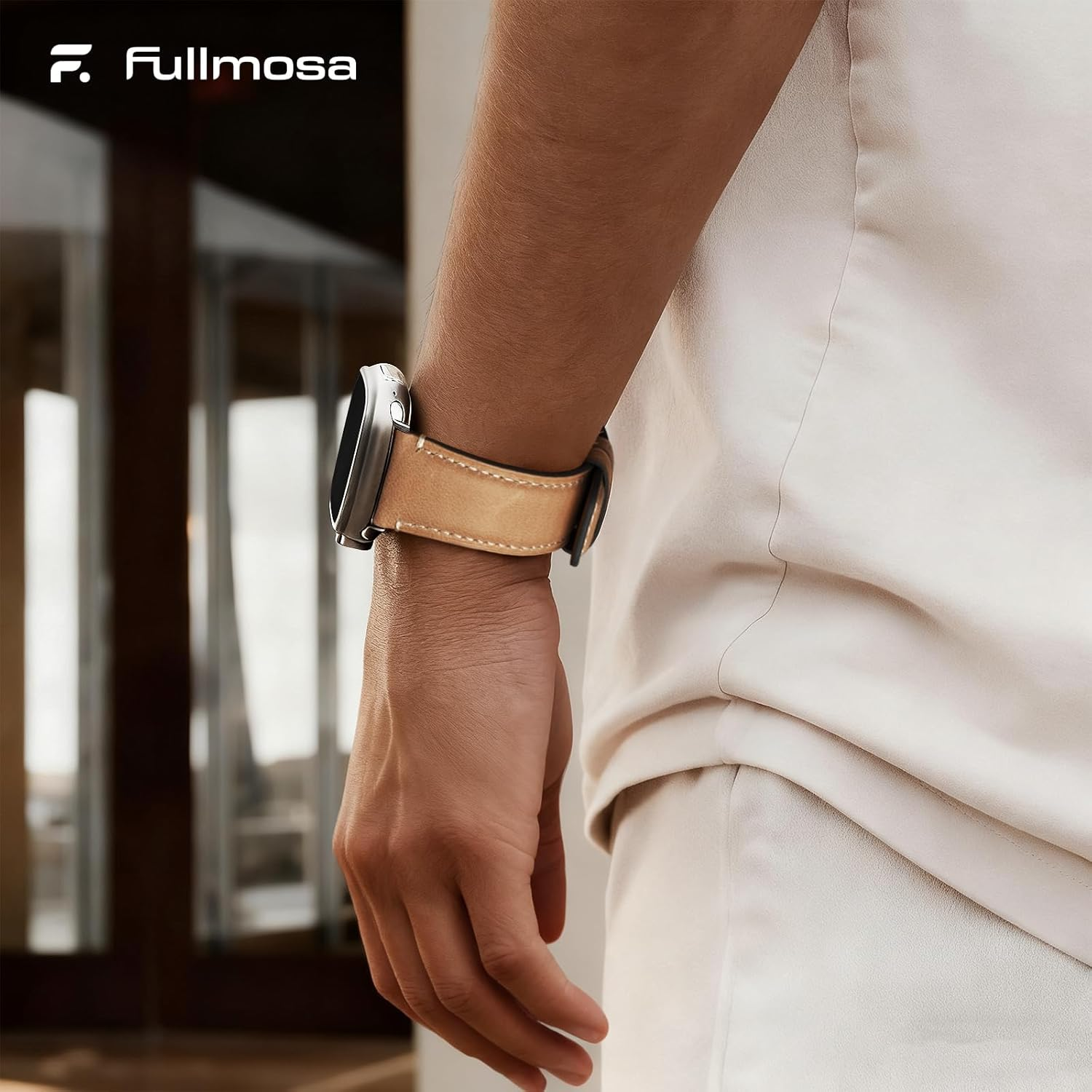 Fullmosa Real Leather Band Compatible with Apple Watch Band 49Mm 46Mm 45Mm 44Mm 42Mm,Yola Leather Apple Watch Strap for Iwatch Ultra SE Series 11/10/9/8/7/6/5/4/3/2/1 Men Women, Light Brown+Silver image number 1