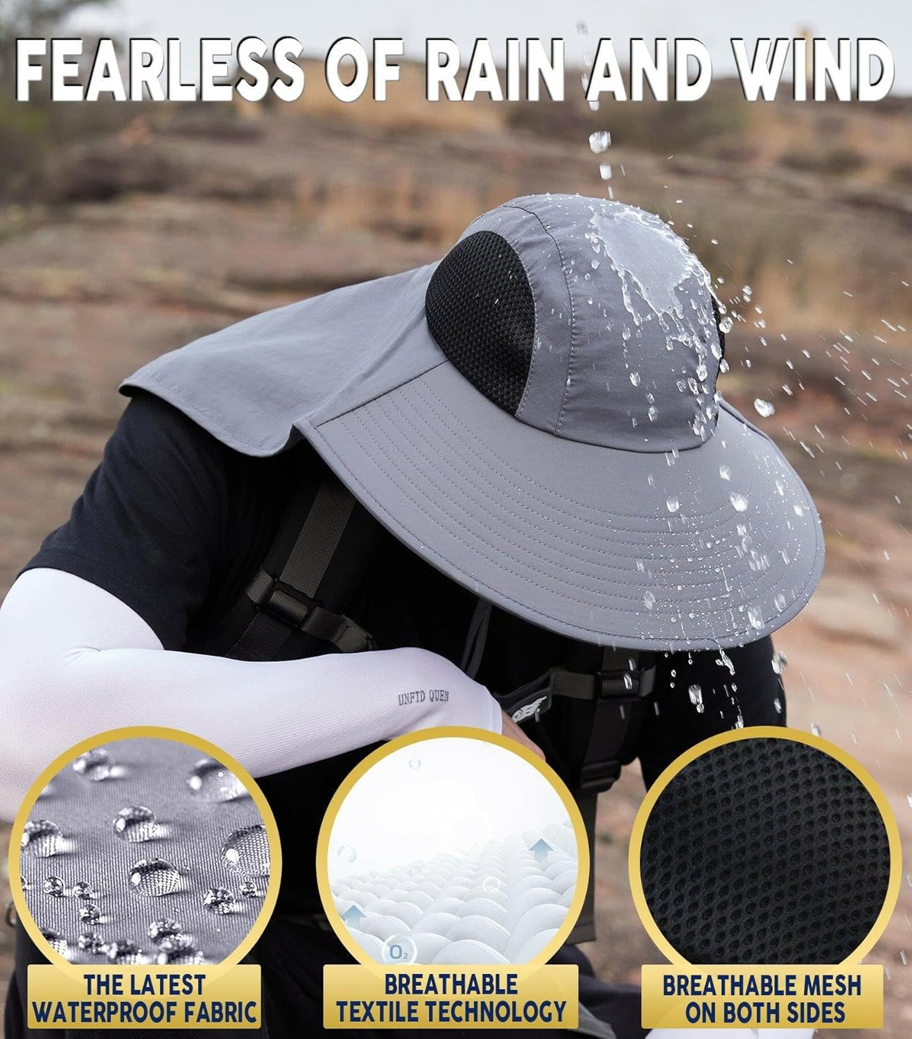 Legionnaire Sun Hat with Neck Flap for Men & Women - Wide Brim Bucket Hat, UPF 50 UV Protection, Boonie Beach Hat with Chin Strap, Ponytail Hole, Perfect for Fishing, Hiking, Camping, Gardening - Darkgrey image number 2