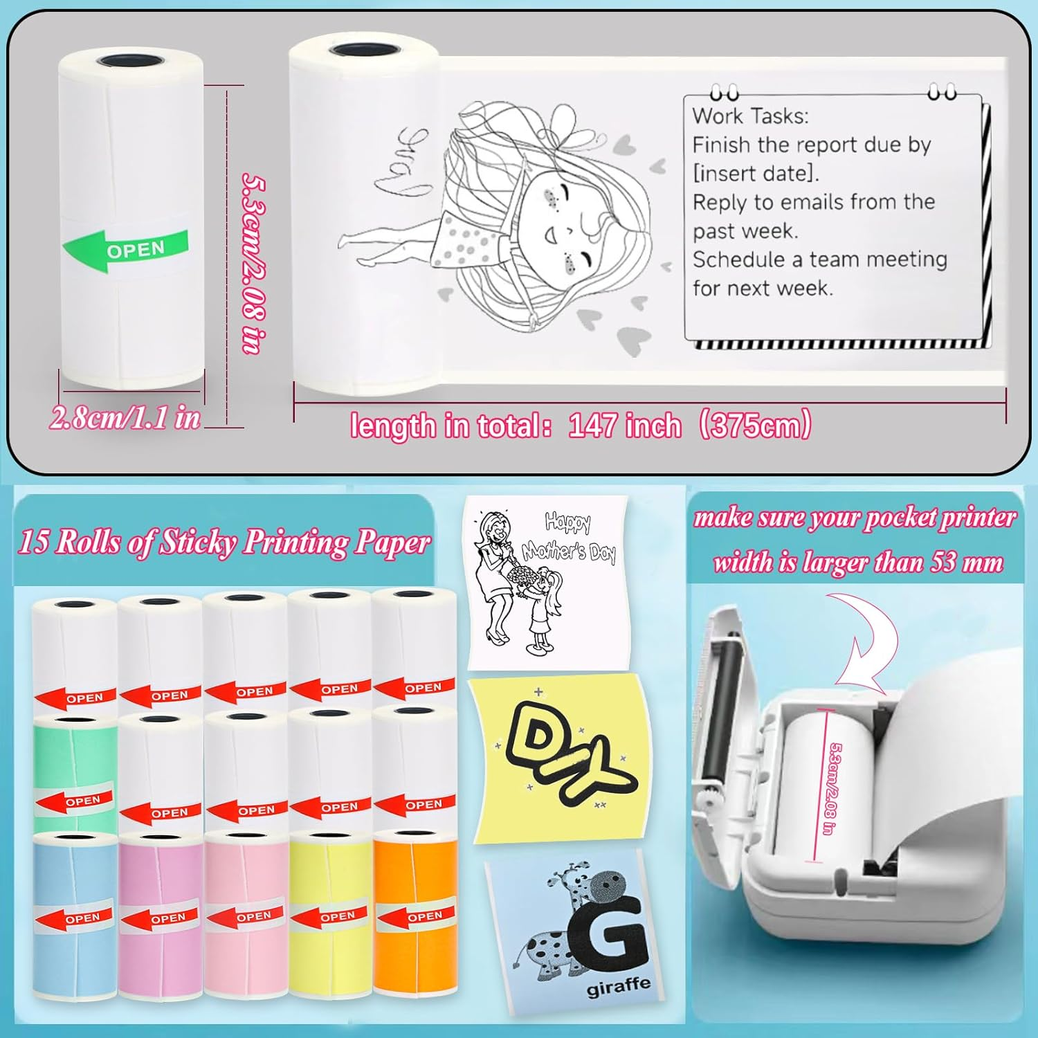 Rifanda 15 Rolls Thermal Sticker Paper 53X28Mm for Phomemo T02/M02/M02S/PRO Mini Printers, 3.75M Mini Colorful Self-Adhesive Mini Printer Paper for Memoking Mini Printer, Study Notes, Journals, Photos image number 1
