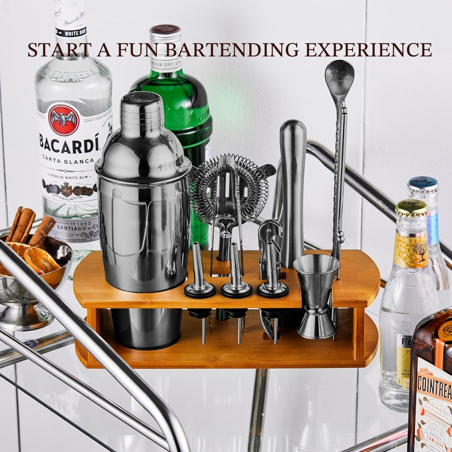 Cocktail Shaker Set Bartender Kit with Stand | Bar Set Drink Mixer Set with All Essential Bar Accessory Tools: Martini Shaker, Jigger, Strainer, Mixer Spoon, Muddler, Liquor Pourers (Black) image number 1