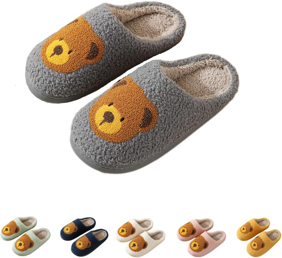 Smiley Face Happy Bear Slippers Women'S Men'S Retro Memory Foam Soft Plush Slippers Warm and Non Slip Home Shoes Embroidered Pattern Slip on Slippers