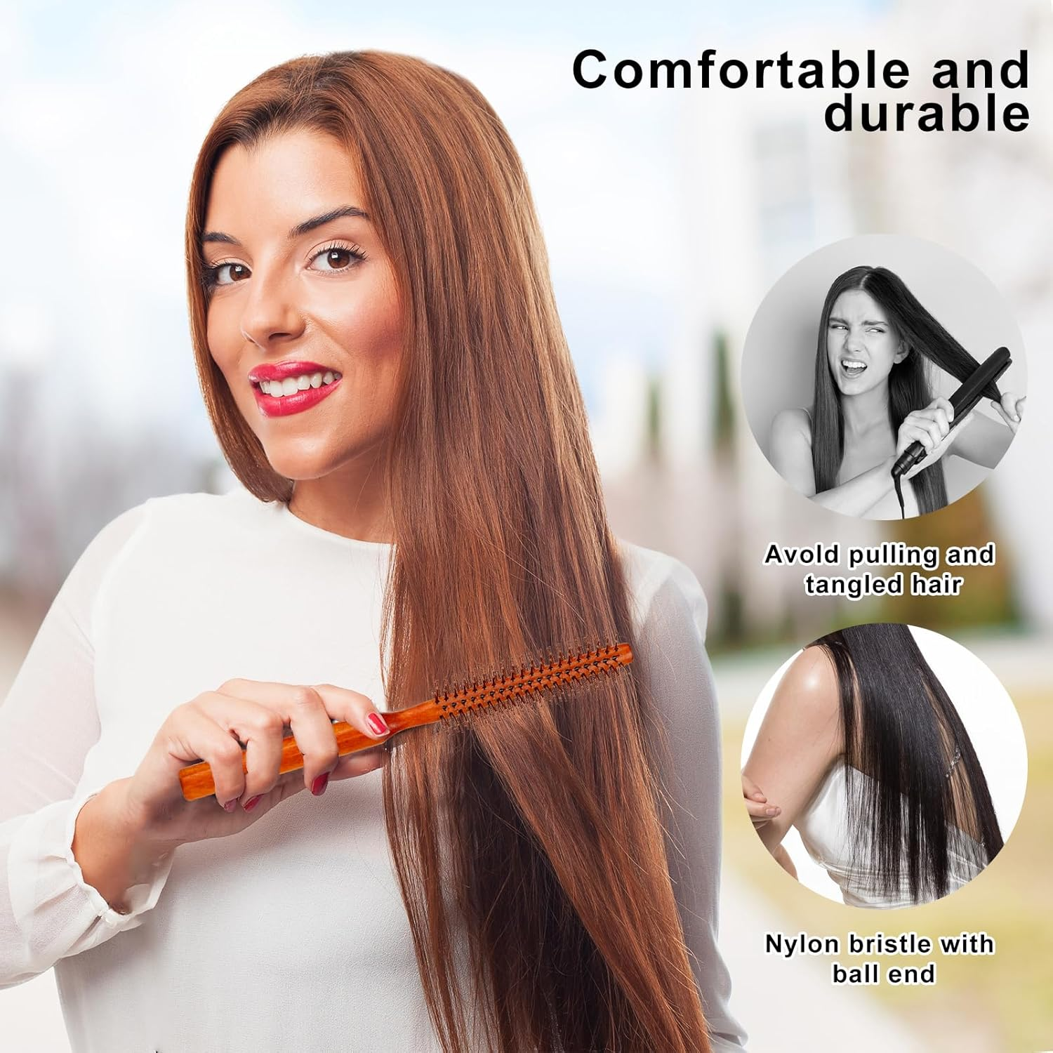 Small round Brush for Blow Drying, Hair Brush with Wooden Handle, Nylon Bristles for Wet Hair, Bangs, Beard, Styling, Lifting, Curling image number 1