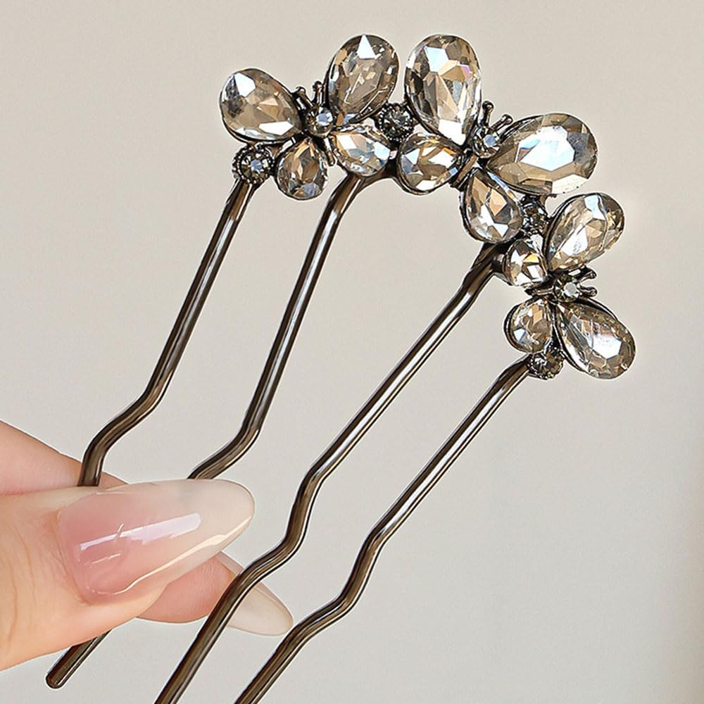 Four-Tooth Fork Crystal Butterfly Hair Comb for Inserting Champagne Black Butterflies Hair Combs Rhinestone Butterfly Hair Comb Hair Butterflies Side Comb Hair Combs for Plugging Hair Accessories image number 2