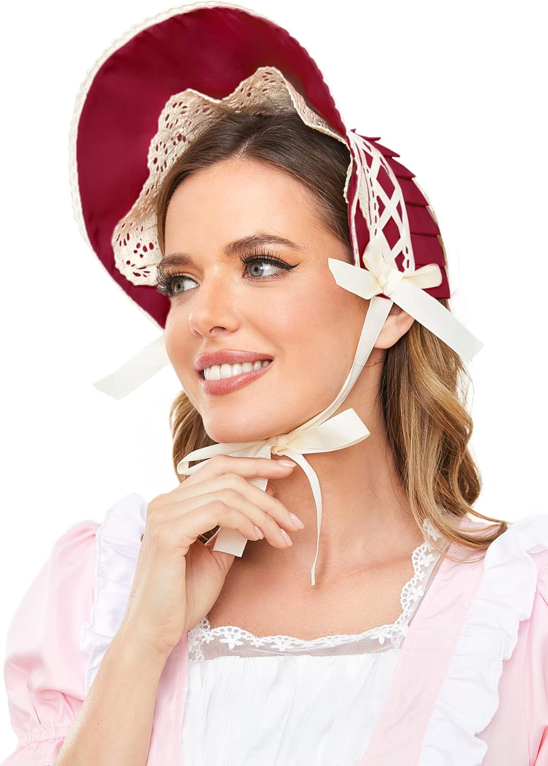 FURPHI Victorian Bonnet Colonial Pioneer Hat with Lace Tea Party Costume Sun Cap for Women