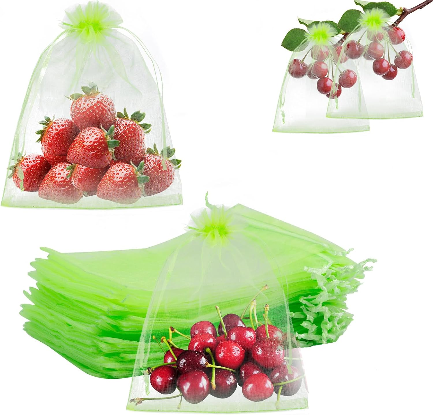 100Pcs Fruit Protection Bags, 6X4In Mesh Fruit Nets with Drawstring Reusable Netting Cover Bags Barrier for Protecting Trees Strawberries Vegetables Blueberries (Green) image number 2