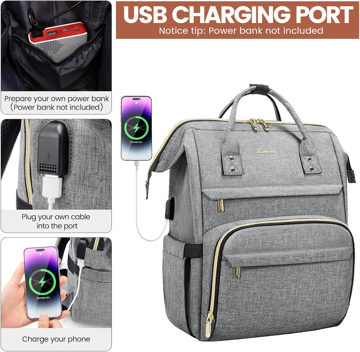 LOVEVOOK Laptop Backpack,15.6 Inch Professional Womens Purse Computer Bag Nurse Teacher Backpack,Waterproof College Work Bags Carry on Travel Back Pack with USB Port,Black - Dark Grey image number 5