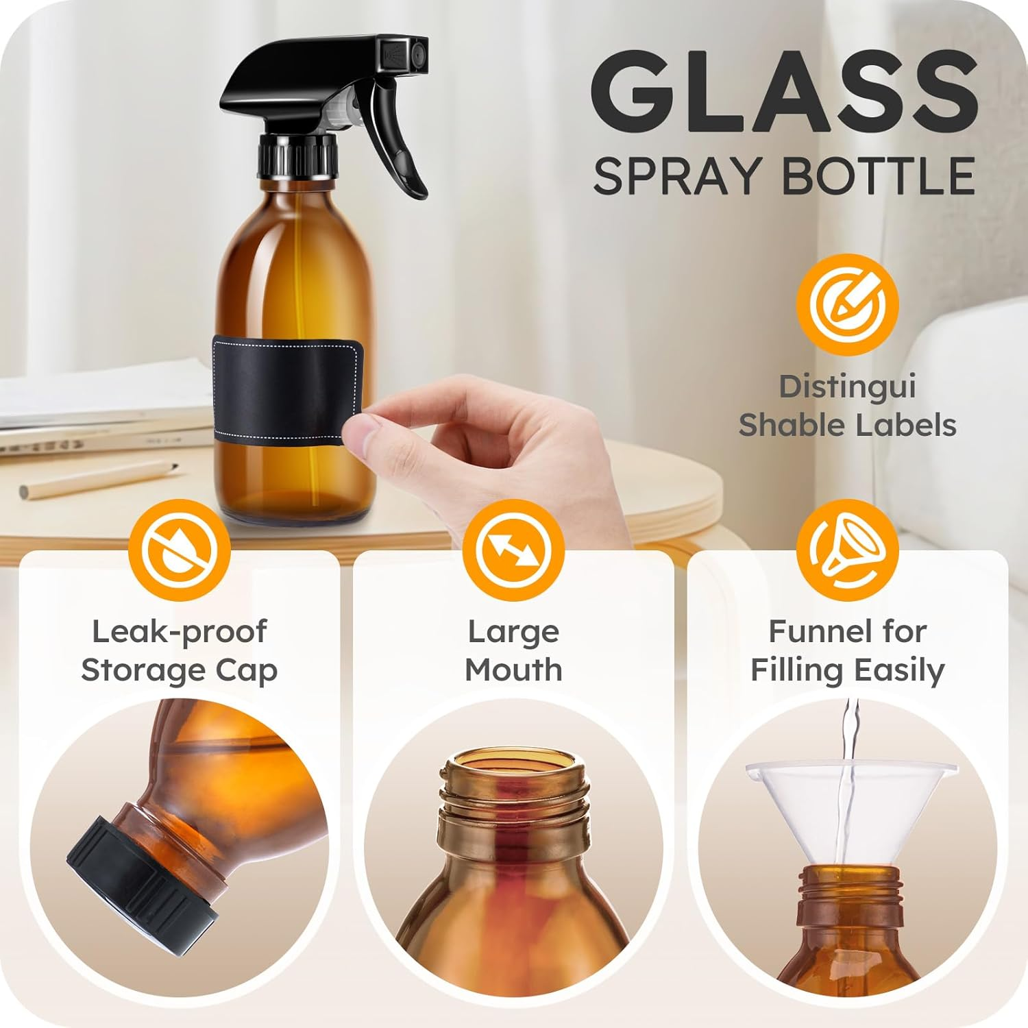 Tecohouse Glass Spray Bottle 250Ml for Cleaning Product and Esssential Oil, Amber Empty Refillable Sprayer Container with Labels, Funnel, Lids, Graduated Pipettes - Handheld Size image number 3