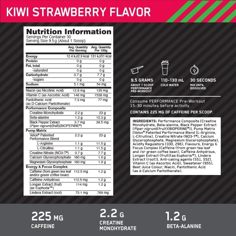 Optimum Nutrition Performance Kiwi Strawberry Preworkout Powder 285 G image number 1