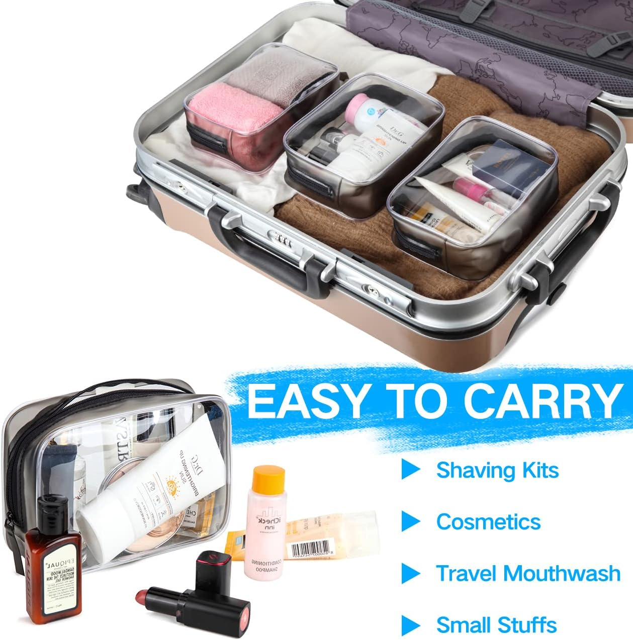 TSA Toiletry Bag, VASCHY 4 Pack Clear Makeup Bag Water Resistant Cosmetic Bag, Airline Carry on Travel Bag for Men and Women, Transparent Wash Bag, Black-Pink - Black-Pink-Blue-Green, 4 Pack image number 6