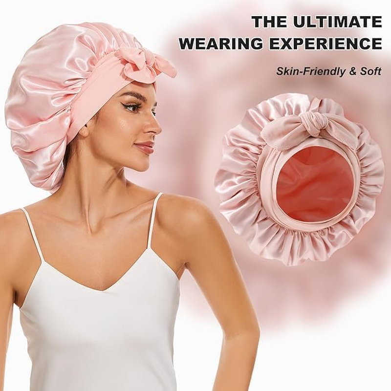 Large Silk Bonnet for Sleeping, Satin Hair Bonnet for Sleeping with Tie Band, Double Layer Satin Bonnets for Women Natural Curly Hair Shower Cap (Pink, L(16.5Inch)) image number 3