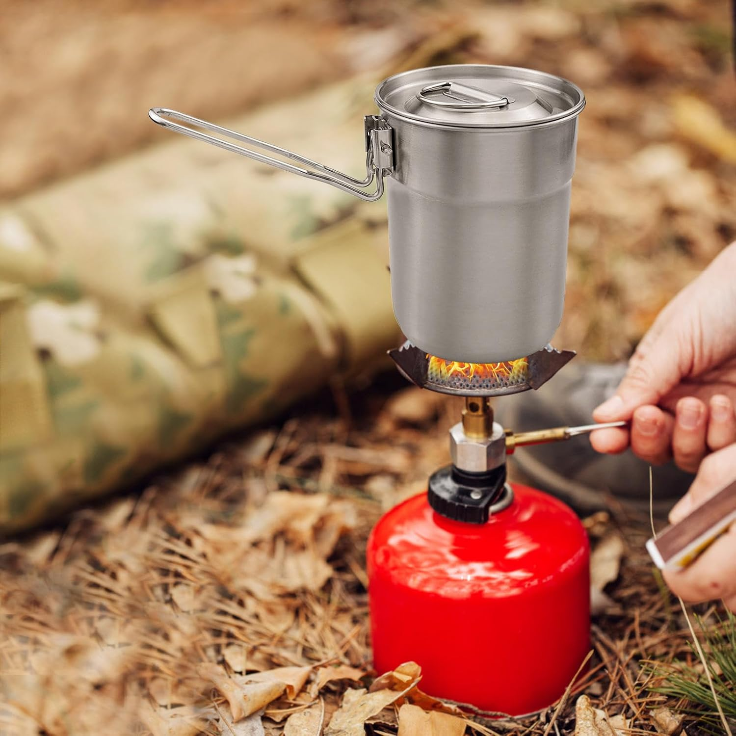 Camping Cup Pot, Foldable Locking Handle Vented Lids Outdoor Lightweigh Travelling Cook Pots 1L Stainless Steel Water Mug for Hiking Backpacking Picnic Open Fire Cooking image number 3