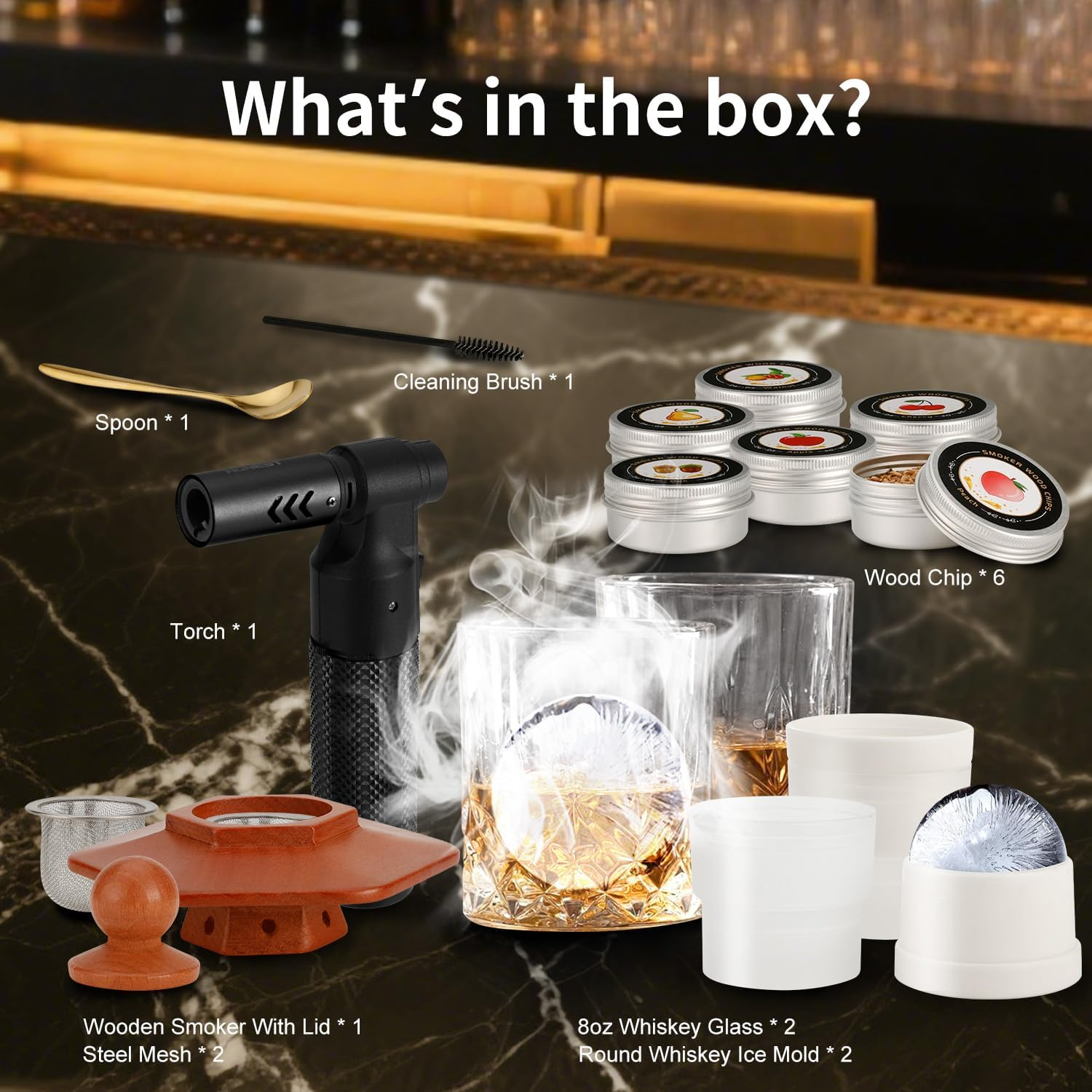 Whiskey Smoker Kit with Torch,Cocktail Kit with 6 Flavors Wood Chips, 2 Glasses, 2 Ice Ball Molds,Smoked Old Fashioned Drink Smoker Kit, Birthday Bourbon Whiskey Gifts for Men image number 3