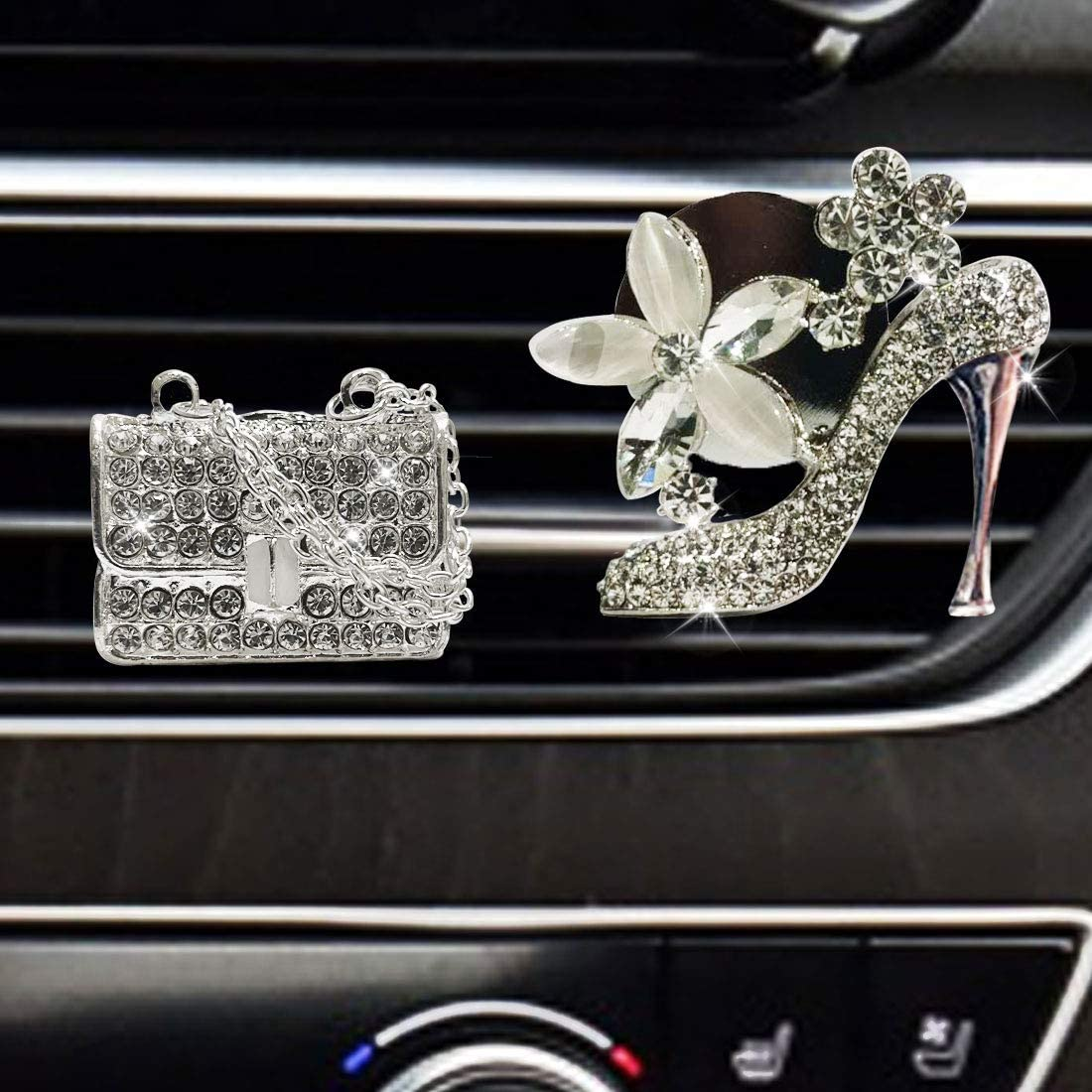 Crystal High Heel Shoe & Magic Bag & Crystal Crown Car Air Vent Clip Charm Sparkly Bedazzled Rhinestone Car Accessories，Car Interior Decoration Charm，Rhinestone Cute Car Decor Girls