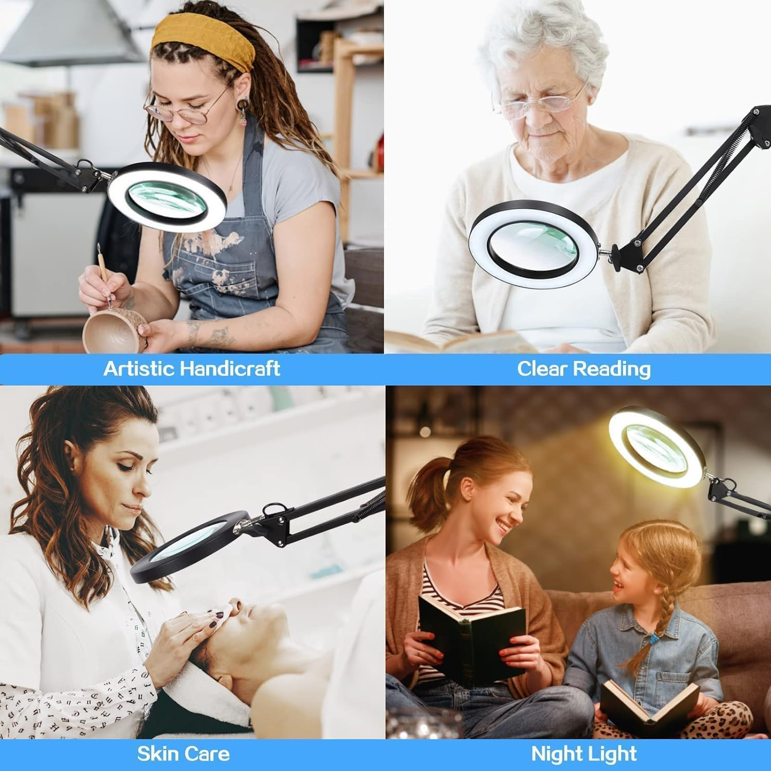 Magnifying Glass with Light and Stand, 2-In-1 LED Lighted Desk Lamp & Clamp，3 Color-Changing & 10-Level Dimmable, Ideal for Hobby Crafts and Workplace Lighting image number 3