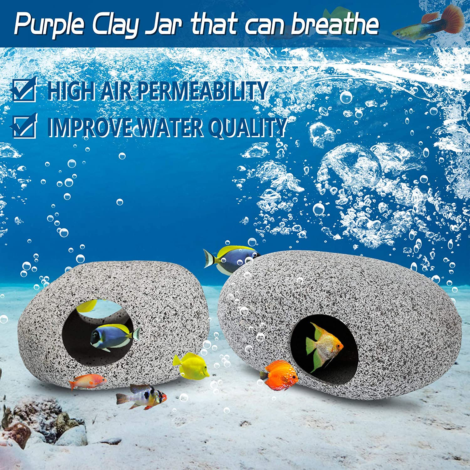 Aquarium Decorations Cave Fish Tank Accessories Rock Decor for Shrimp Cichlid Hiding Breeding Small Fish Bowl Hide Decoration Betta Toys Hideout Stones House（2Pcs）