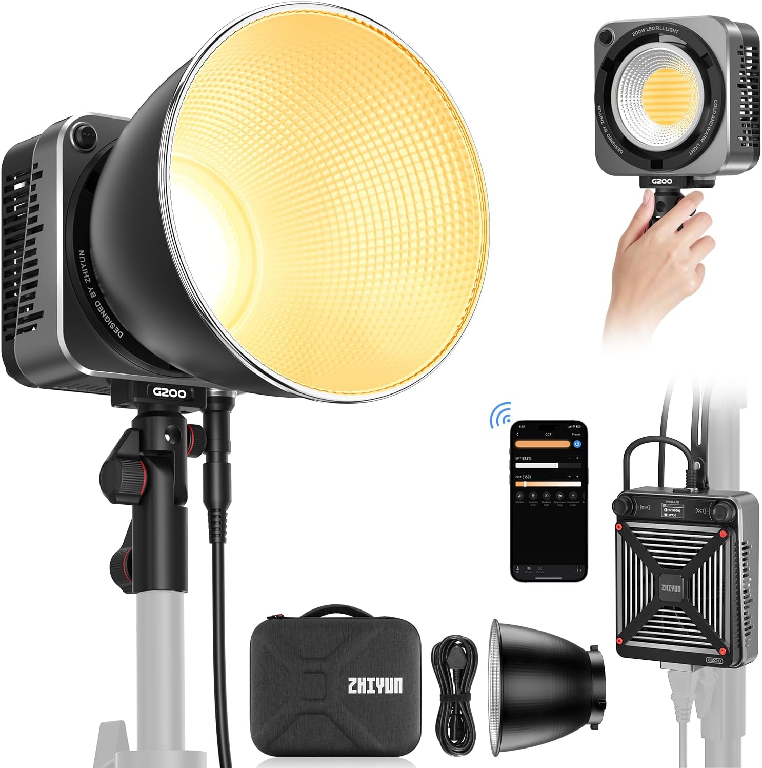 ZHIYUN Molus G200 200W COB Video Light with Bowens Mount,85800Lux/M 2700K-6500K and ZY Vega APP Control,Ultra Quiet Dynavort Cooling System image number 3