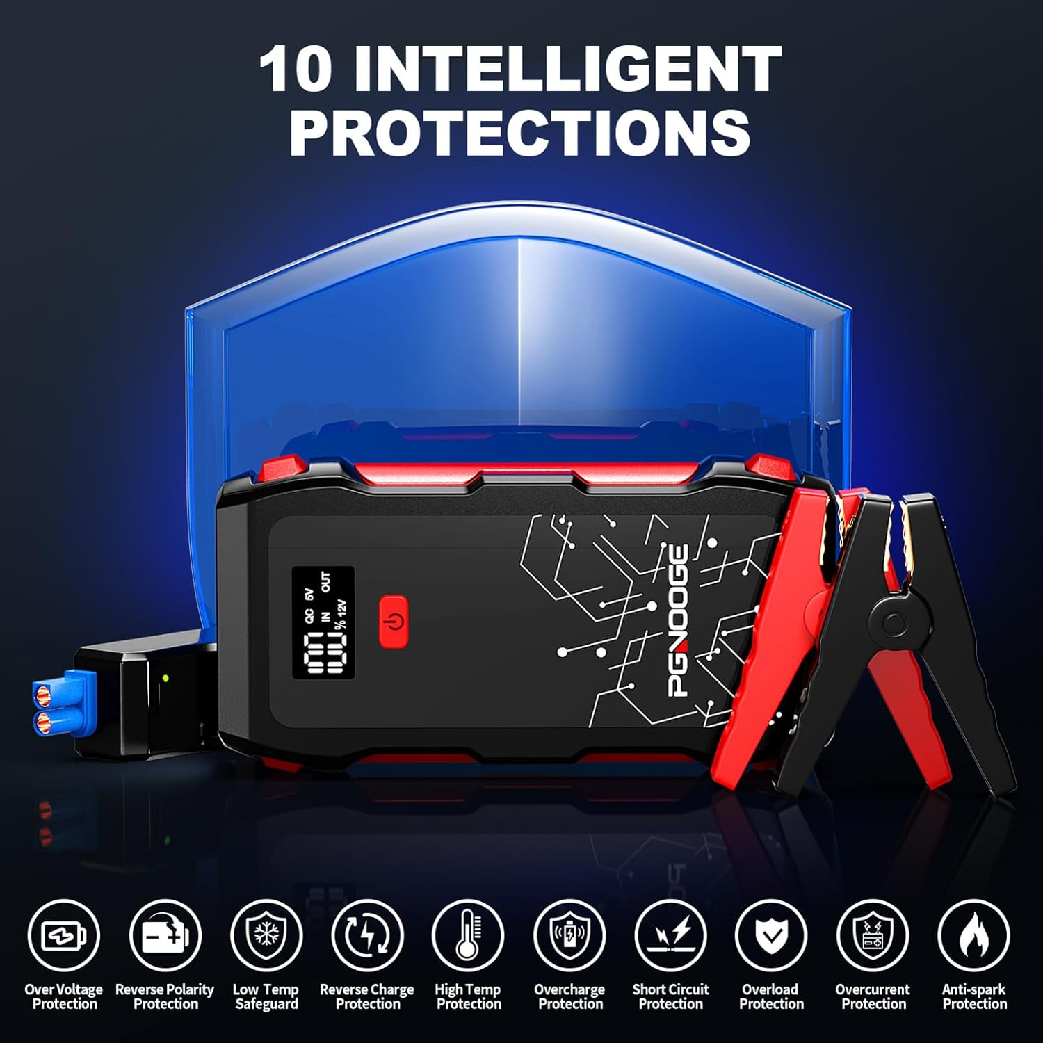 PGNOOGE 26800Mah 6000A Peak Car Jump Starter, Car Battery Booster for All Gas and up to 10L Diesel Engines, 12V Auto Emergency Jumper Starter with Flashlight, LED Display, USB Fast Charging image number 2