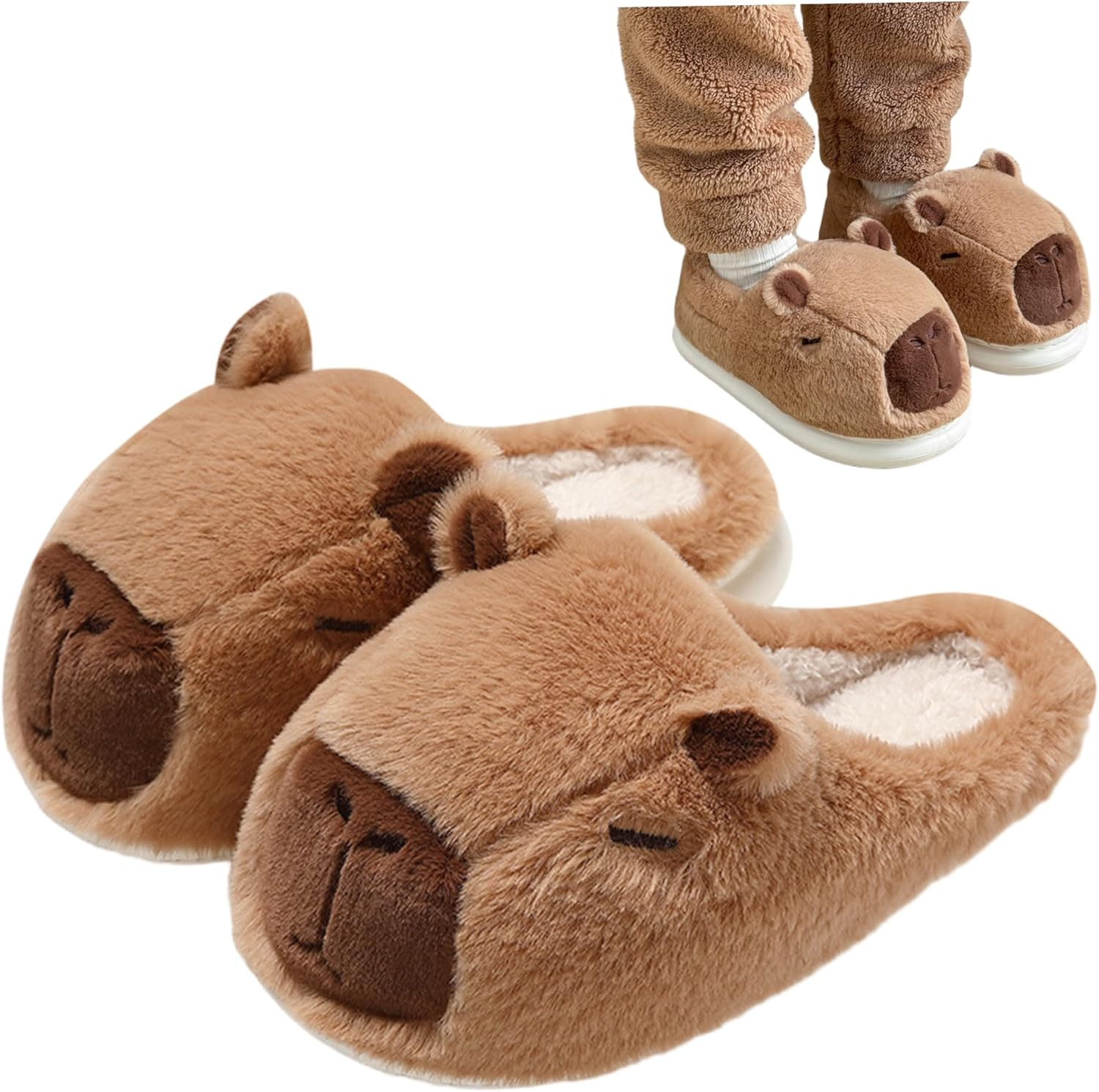 Capybara Slippers Warm Winter Fluffy Plush Slippers with Anti-Slip Soles for Women Men, L image number 1