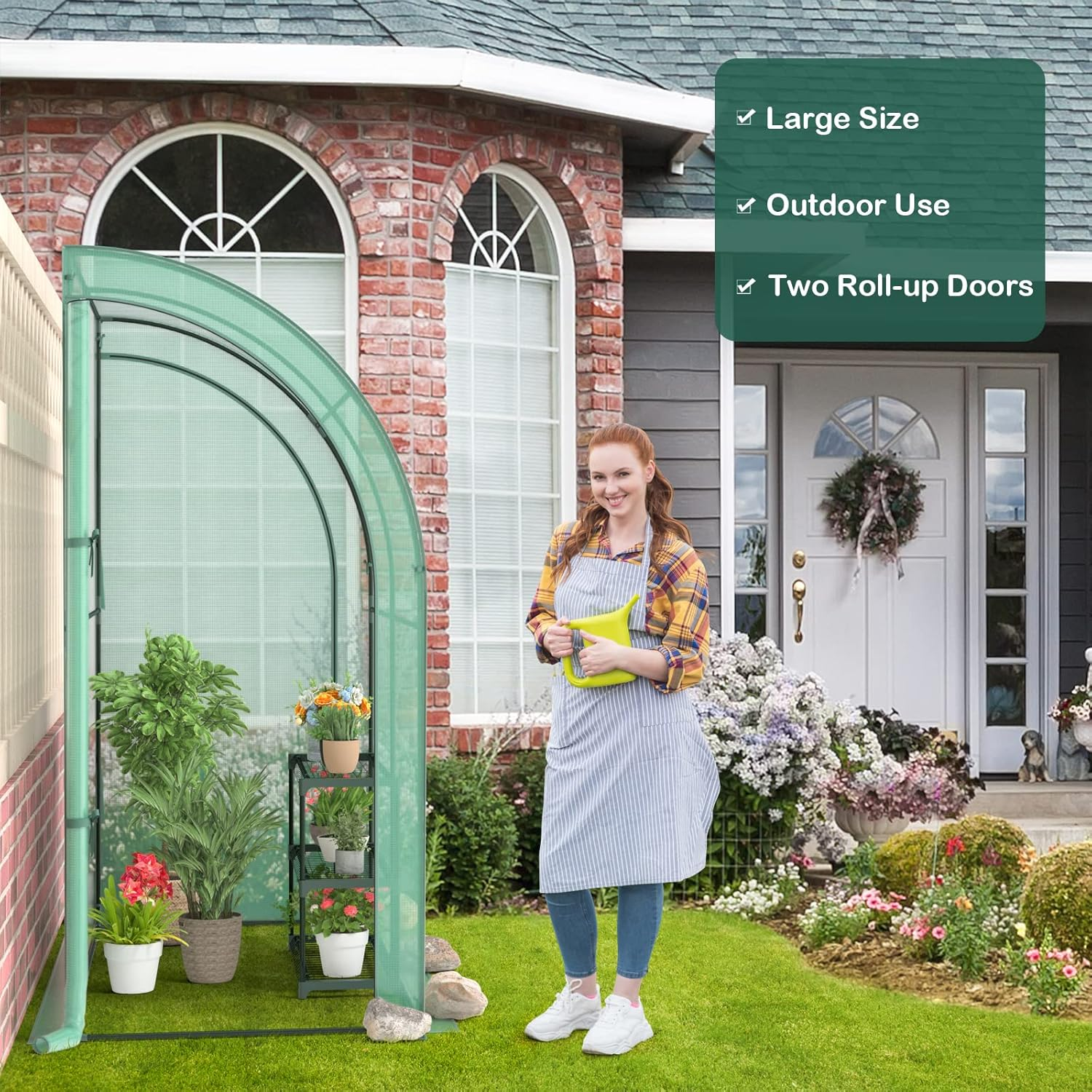 Giantex Walk-In Lean-To Greenhouse - with 3-Tier Plant Stand, 7&rsquo;X 3.5&rsquo;X 7&rsquo; Green House, PE Grid Cover, 2 Zipper Doors, Ground Stakes & Ropes, Wall House for Plant Nursery image number 3