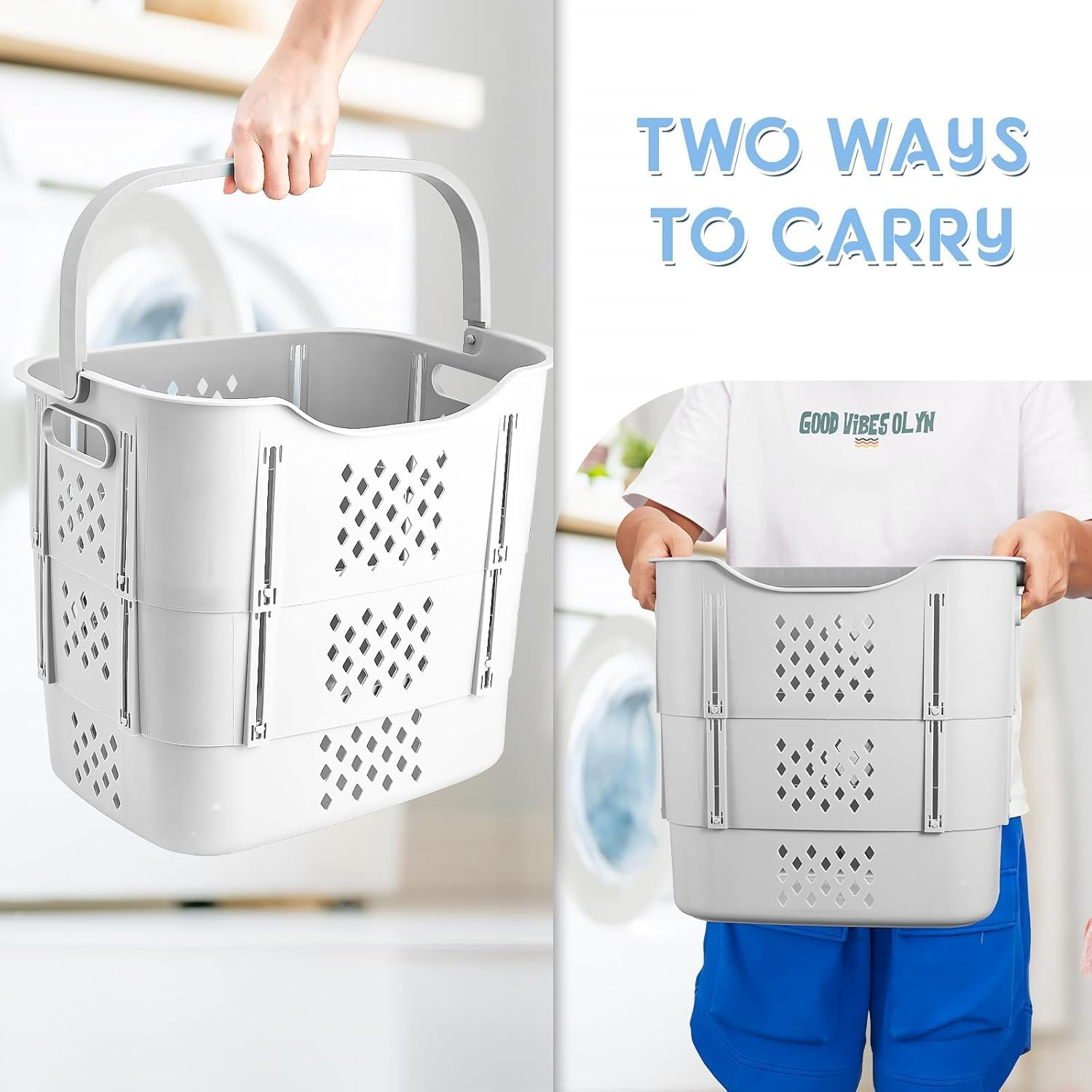HAUNDRY Plastic Laundry Basket Set, Collapsible Storage Laundry Hamper - Foldable Pop up Laundry Basket for Washing & Storage 41L image number 5