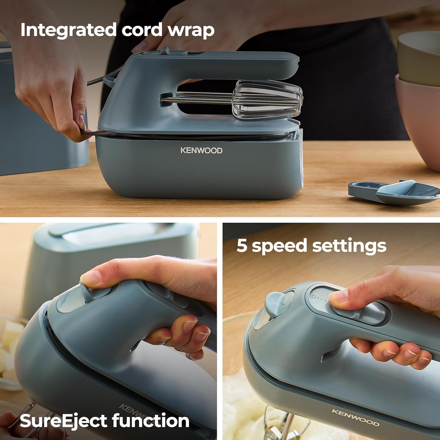 Kenwood Quickmix Go HMP40000GY, Portable Hand Mixer with Integrated Carrying Case, Sureeject Release, Stainles Steel Beater and Kneaders Included, Measuring Spoon, 350W, Storm Blue image number 6