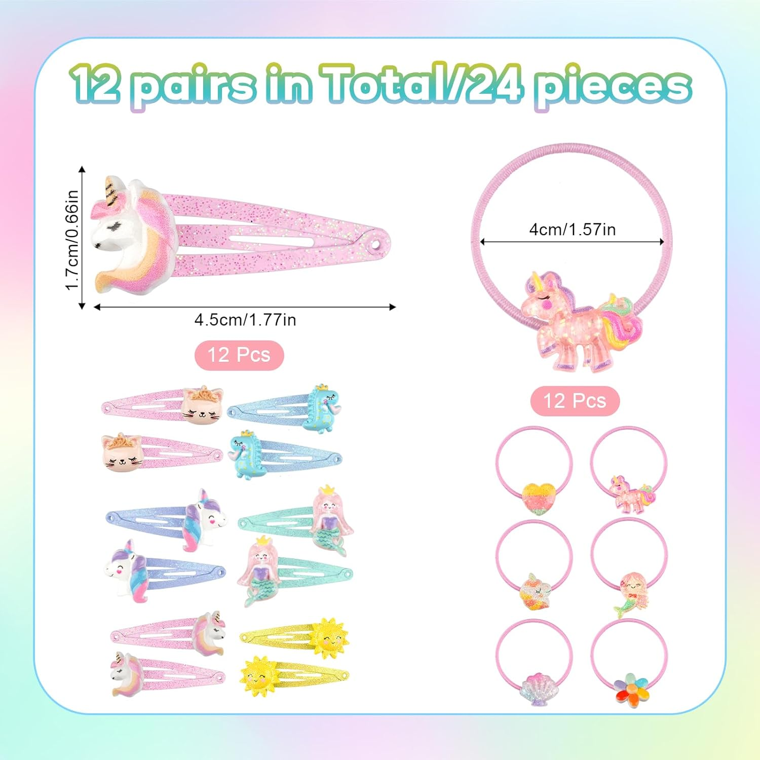 Pack of 24 Hair Clips Hair Bobbles Girls Glitter Hair Accessories Girls Hair Clips Children 6 Pairs Hair Clips 6 Pairs Hair Bobbles Rainbow Flowers Hair Clips Gifts for Girls Children Teenagers image number 2