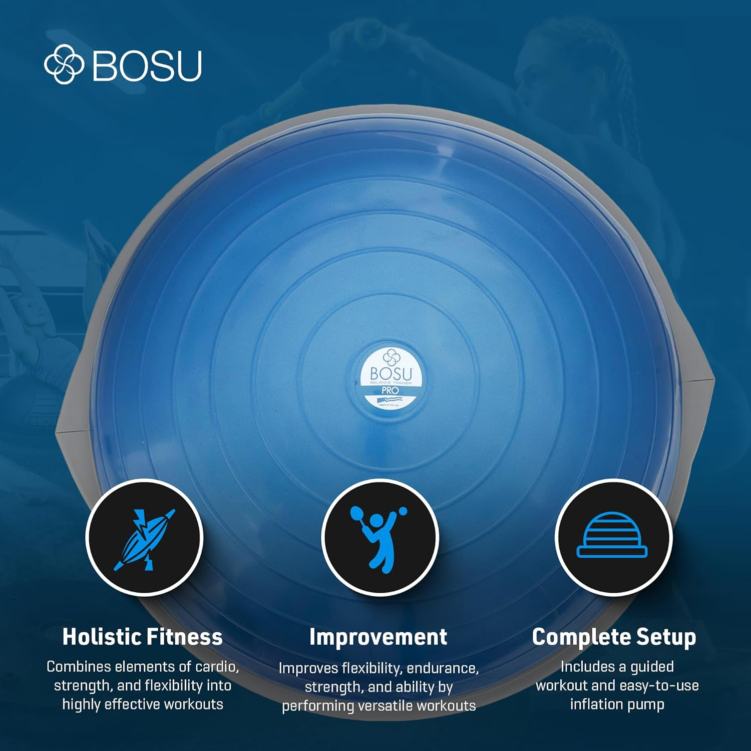 Bosu Pro Multi Functional Home Gym Full Body Balance Strength Trainer Ball Equipment with Guided Workouts and Pump