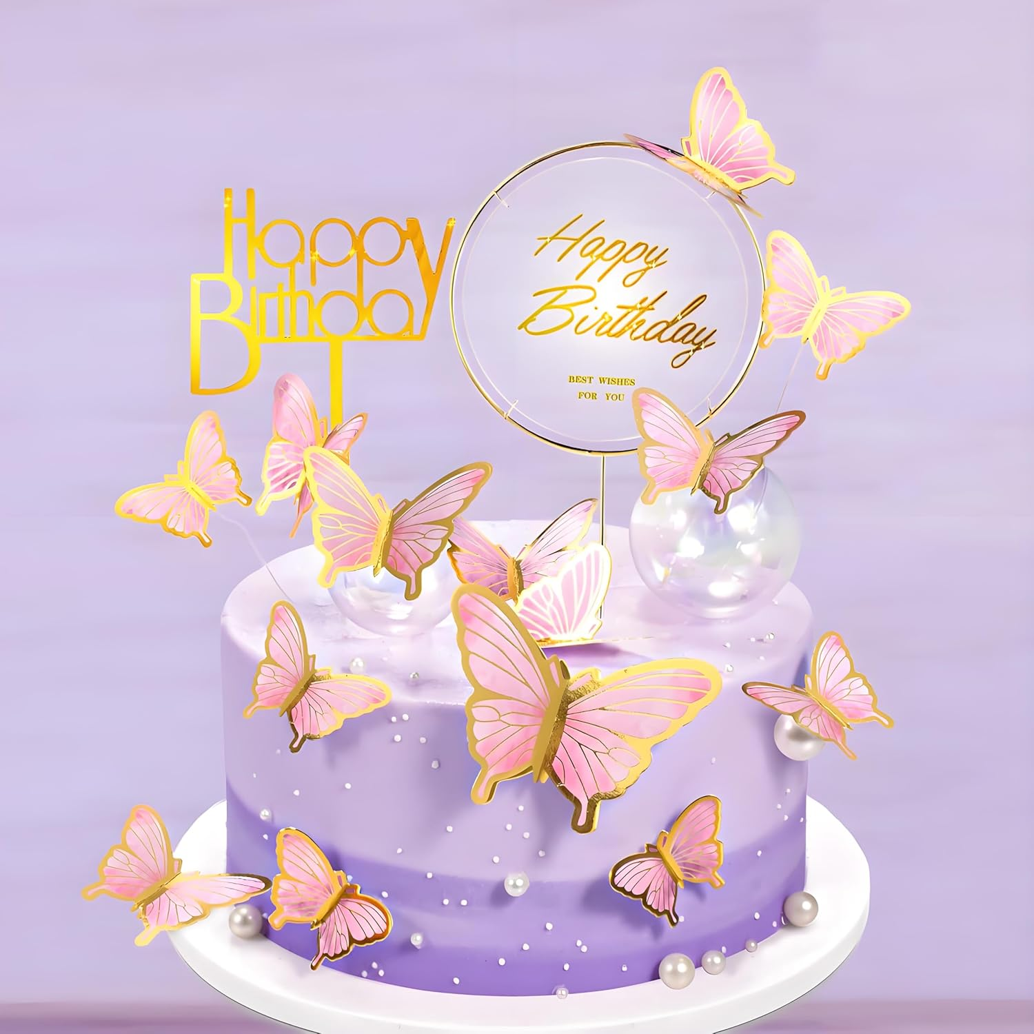 Butterfly Cake Toppers, 20 Pcs 3D Cupcake Toppers & 1 Pcs Happy Birthday Metal Gold Cake Topper for Women'S Birthday Party Decorations (Pink) image number 3