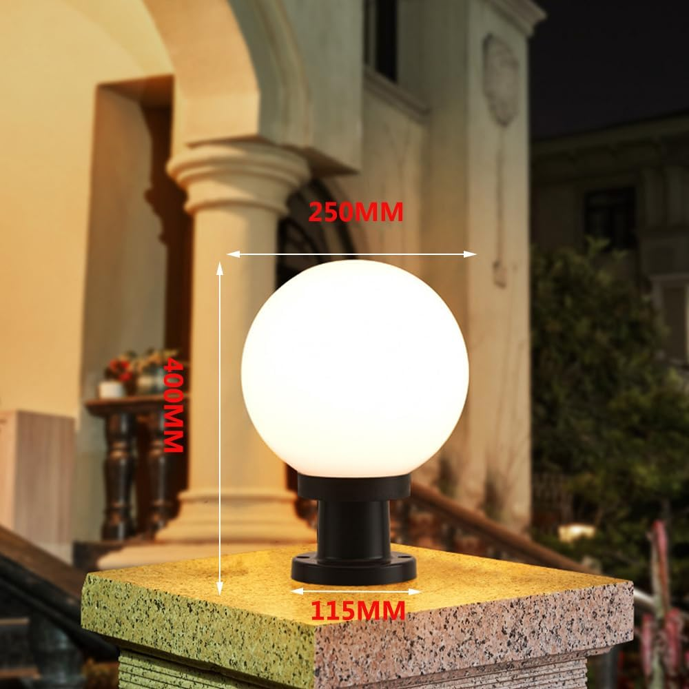 Outdoor Globe Post Light, White Sphere, Waterproof Garden Pillar Lamp, Black Base, E26/E27 (Big) - Middle image number 4
