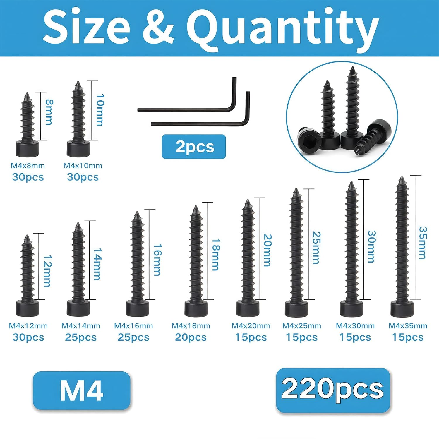Zmbroll Hex Socket Head Cap Self Tapping Screws M4X8/10/12/14/16/18/20/25/30/35Mm Grade 8.8 Black Carbon Steel 220Pcs M4 Hex Socket Drive Allen Head Sheet Metal Wood Screw with Wrenches image number 2