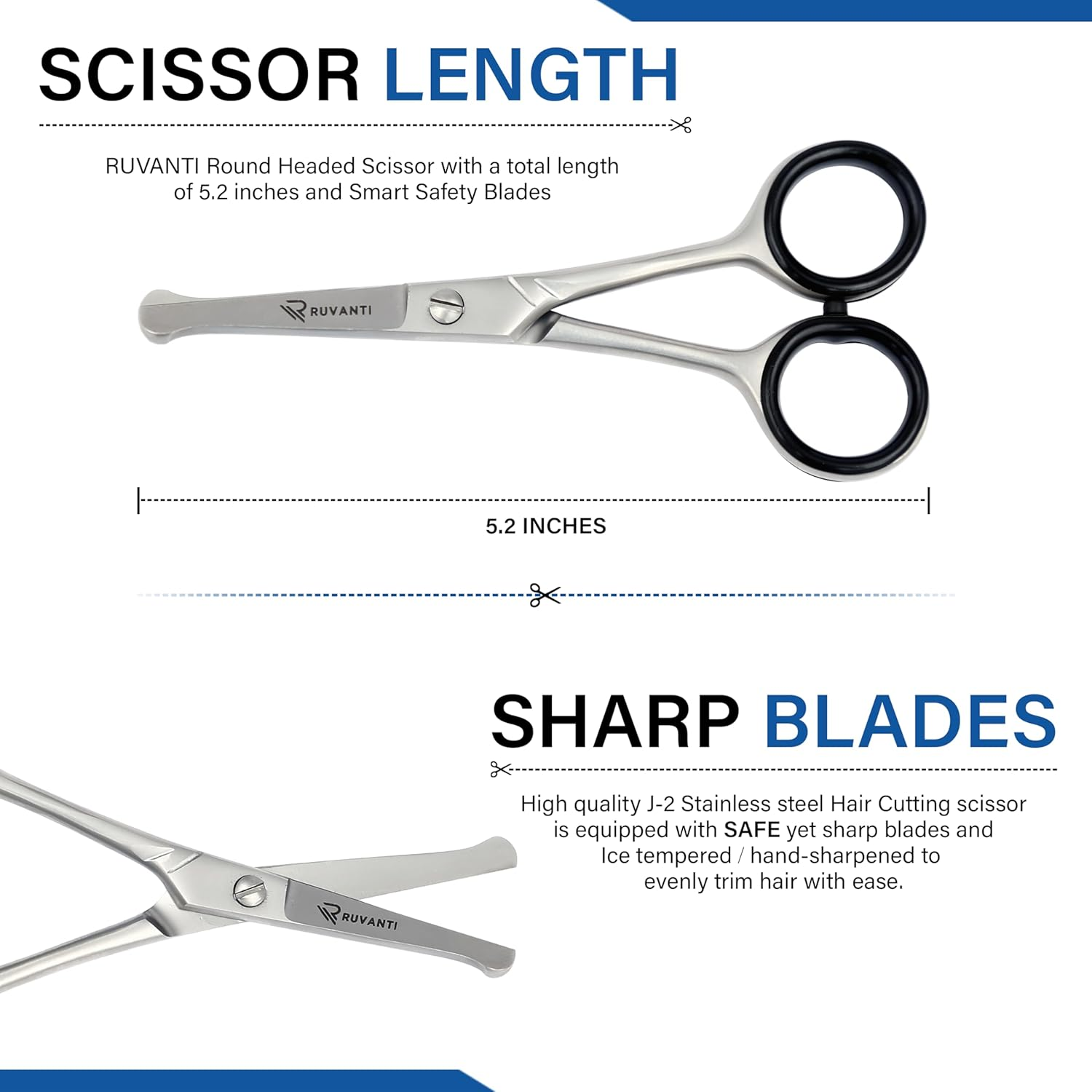 Ruvanti 5.2" Kids Hair Cutting Scissors - Safety Rounded Tip Barber Shears for Children, Infants & Facial Hair Trimming - Sharp Stainless Steel Blades, Ergonomic Grip - Ideal for Home & Salon Use image number 6