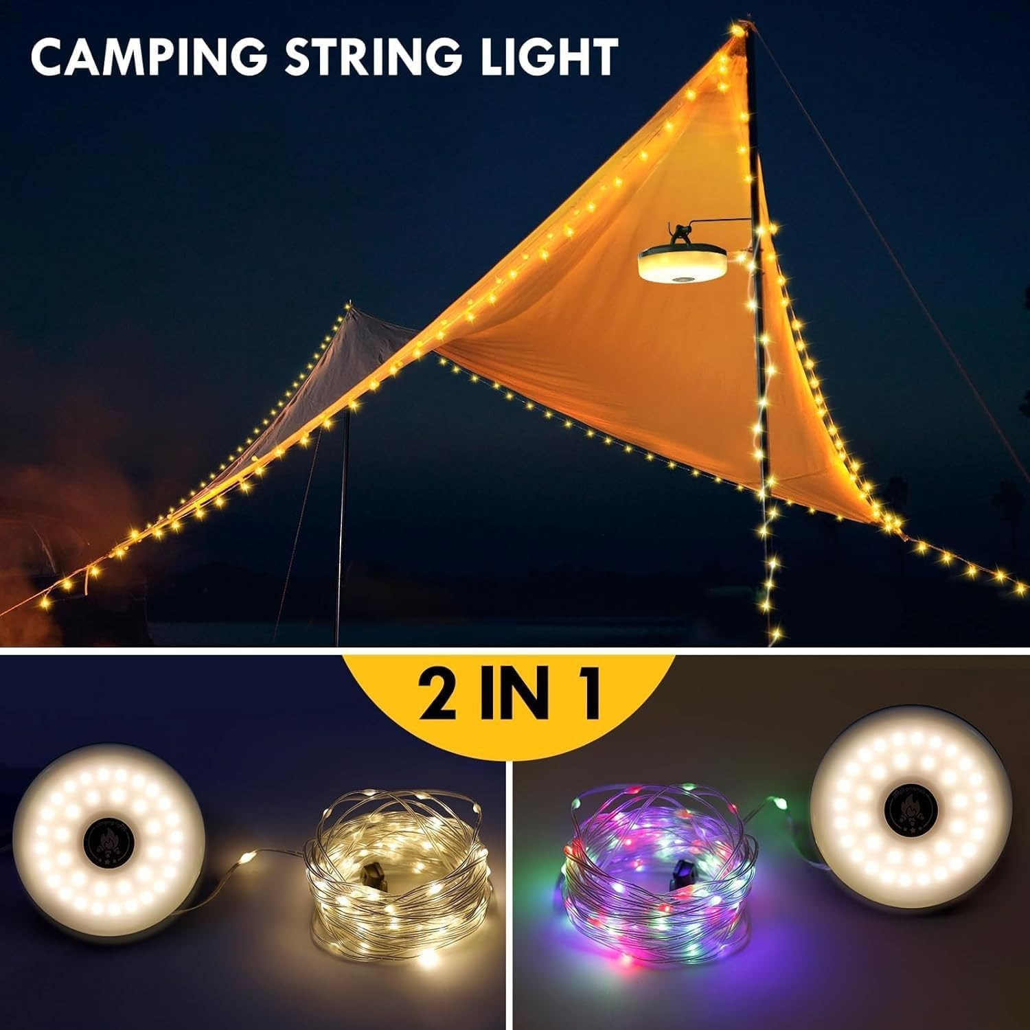 Camping String Lights with Camping Lantern and Flashlight, 3 in 1 Outdoors String Lights with 8 Lighting Modes(32.8Ft/10M), Quick 30S Recovery, Durable, USB Charging, Rechargeable, Waterproof image number 1