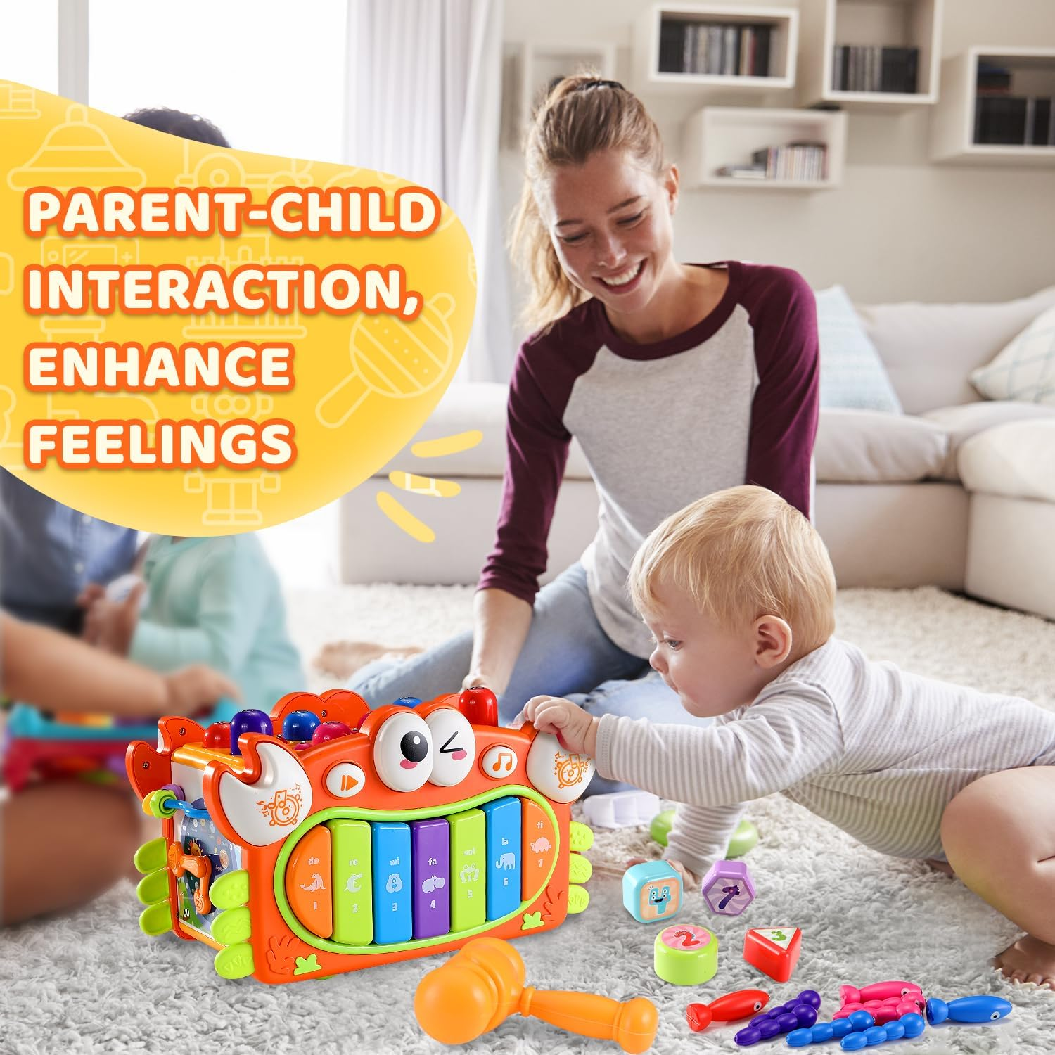 15 in 1 Crab Activity Cube Toy, Hammering Pounding Toys with Music Lights, Montessori Educational Learning Toys for 3 Years Old Girl Birthday (Orange) image number 6