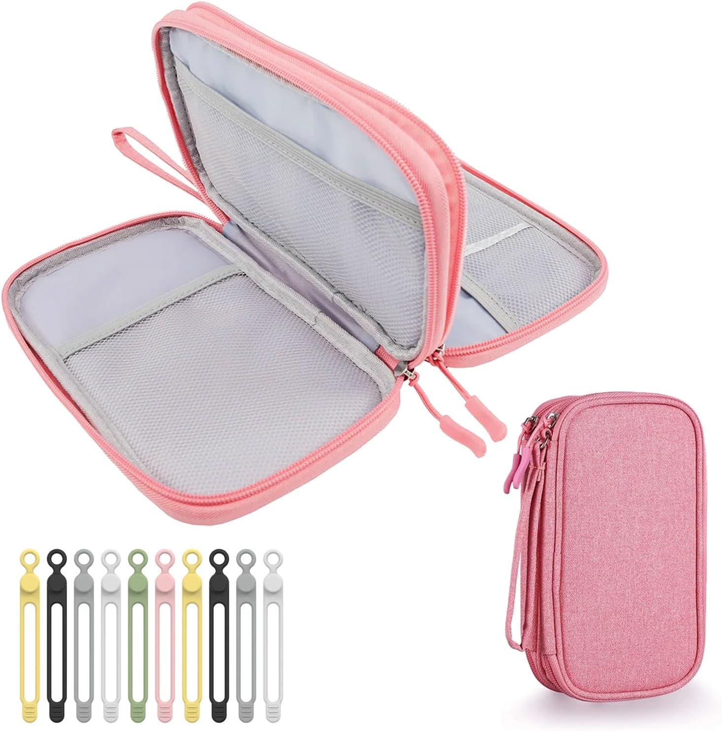 Cable Organiser Bag with Bonus Silicone Cable Ties - Double Layer Waterproof Travel Case for Electronics | Compact Pouch with SD Card Slots, USB Cable Holder | Travel Organiser for Power Cords - Pink image number 3