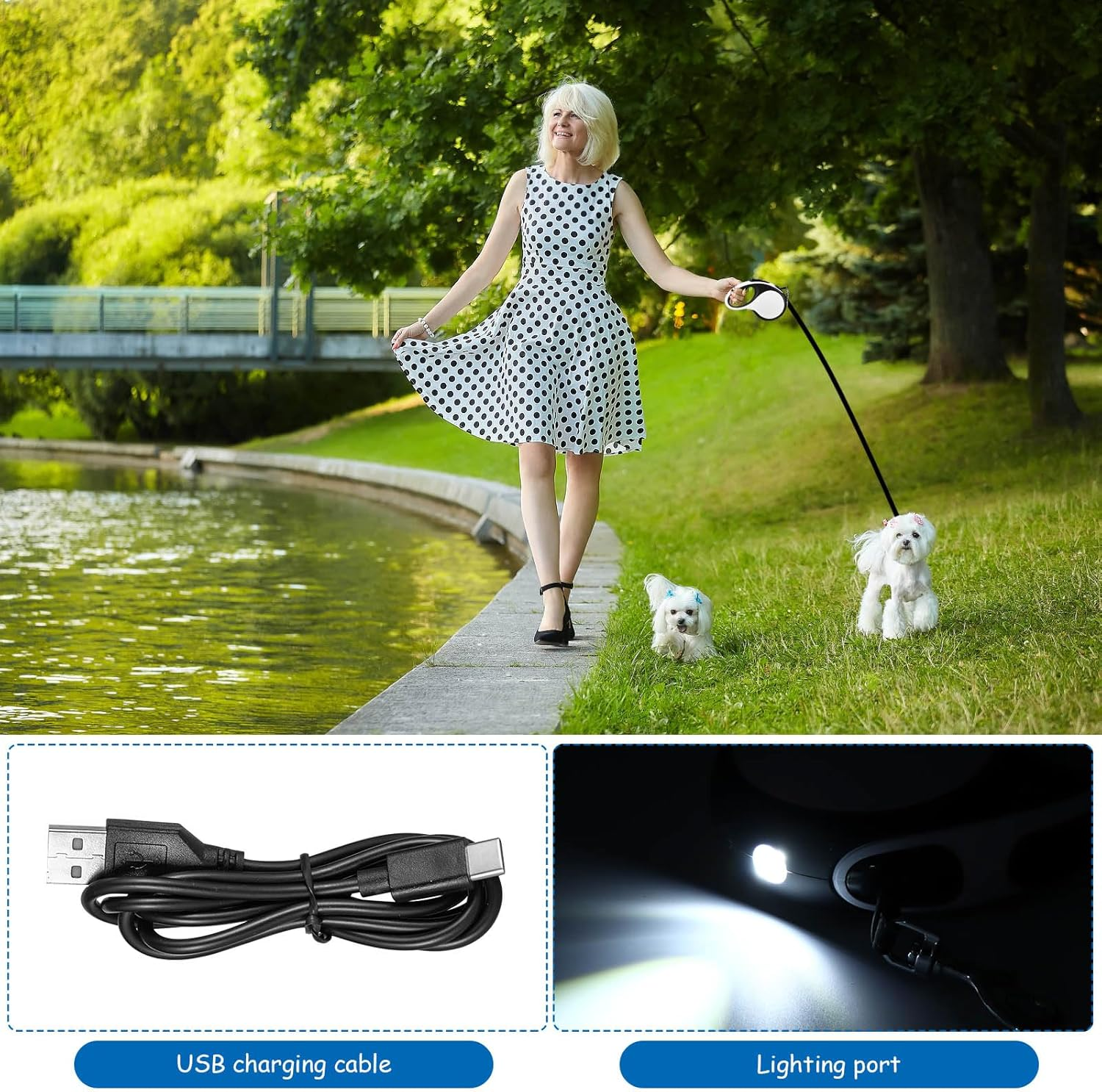 Viitech Dog Lead 5 M, 360&deg; Tangle-Free Flexi Lead with LED Light, Retractable Pull Rope with Non-Slip Handle for Medium Large Dogs up to 30 Kg