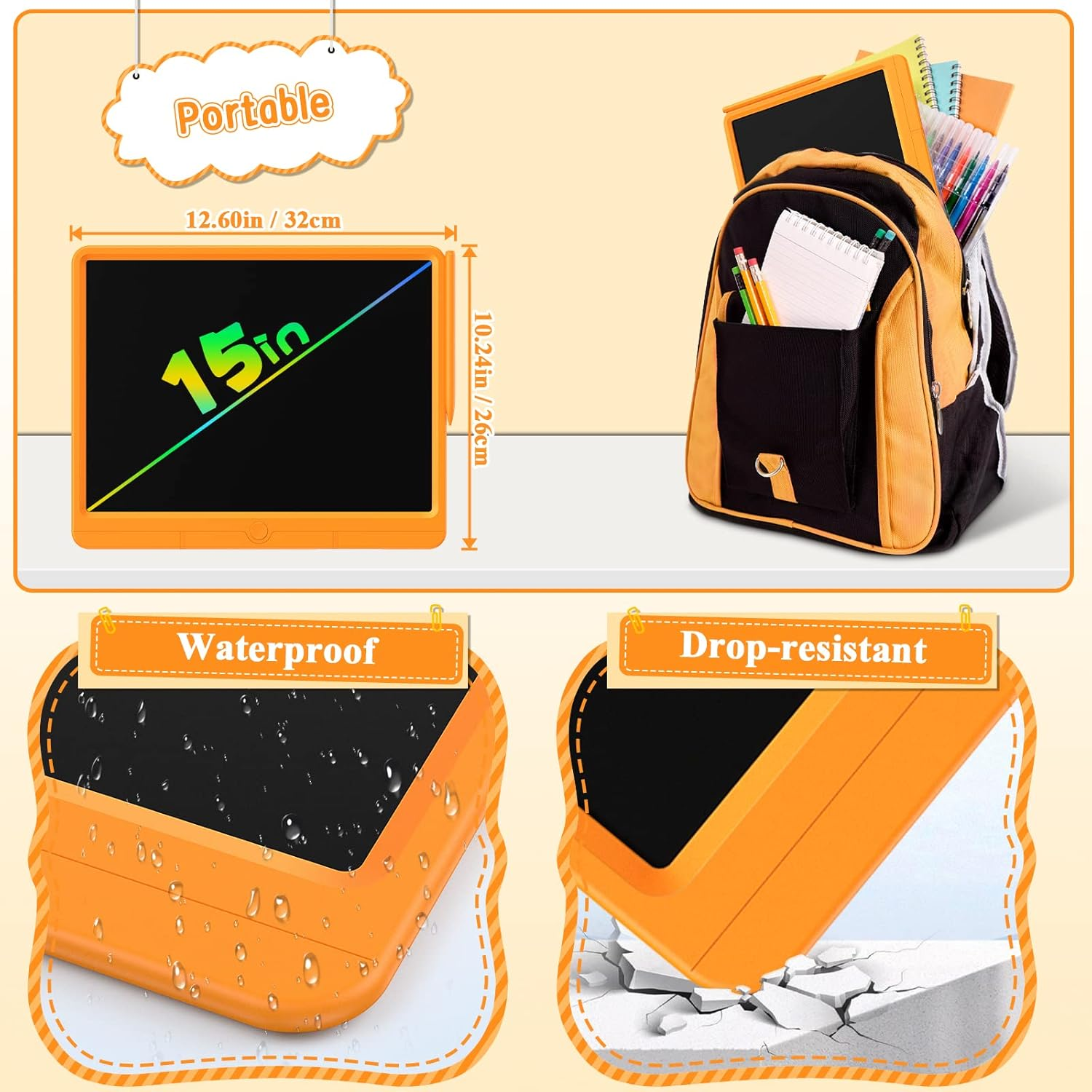 Wicue LCD Writing Tablet for Kids Drawing Board, Colorful Drawing Pads 15In Electronic Drawing Tablet, Educational Toys for 3 4 5 6 7 8 Years Old Kids Toddler (Orange) image number 4