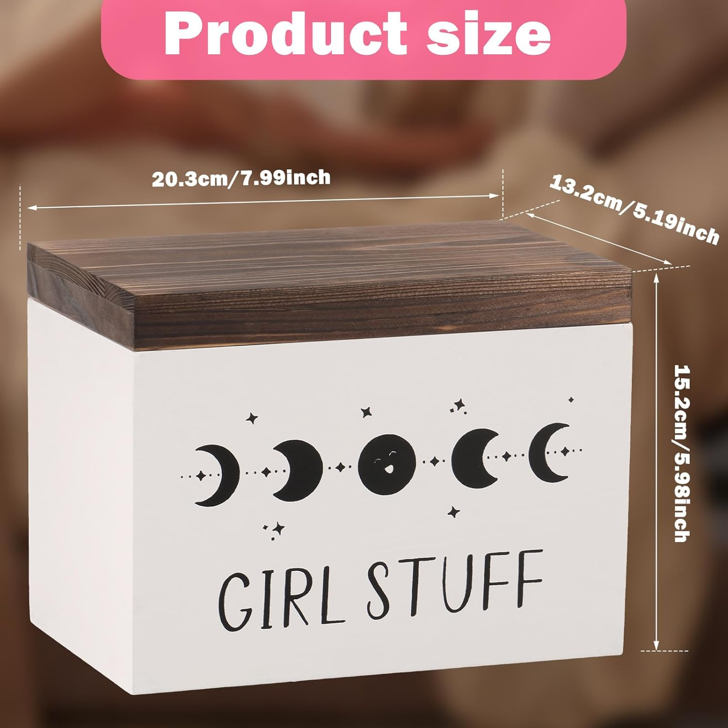 Wood Lady Stuff Storage Box, Lightweight Versatile Feminine Product Organizer, with Hinged Lid and Removable Divider, Tampon Holder and Pad Case for Bathroom Accessories