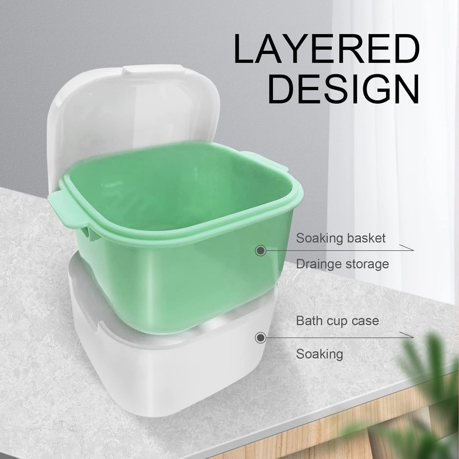 Retainer Case, Denture Bath, Denture Cups for Soaking Dentures, Denture Pots with Lid, Easy to Carry and Clean Denture Case with Removable Rinse Basket and Finger Toothbrush - Pink image number 7