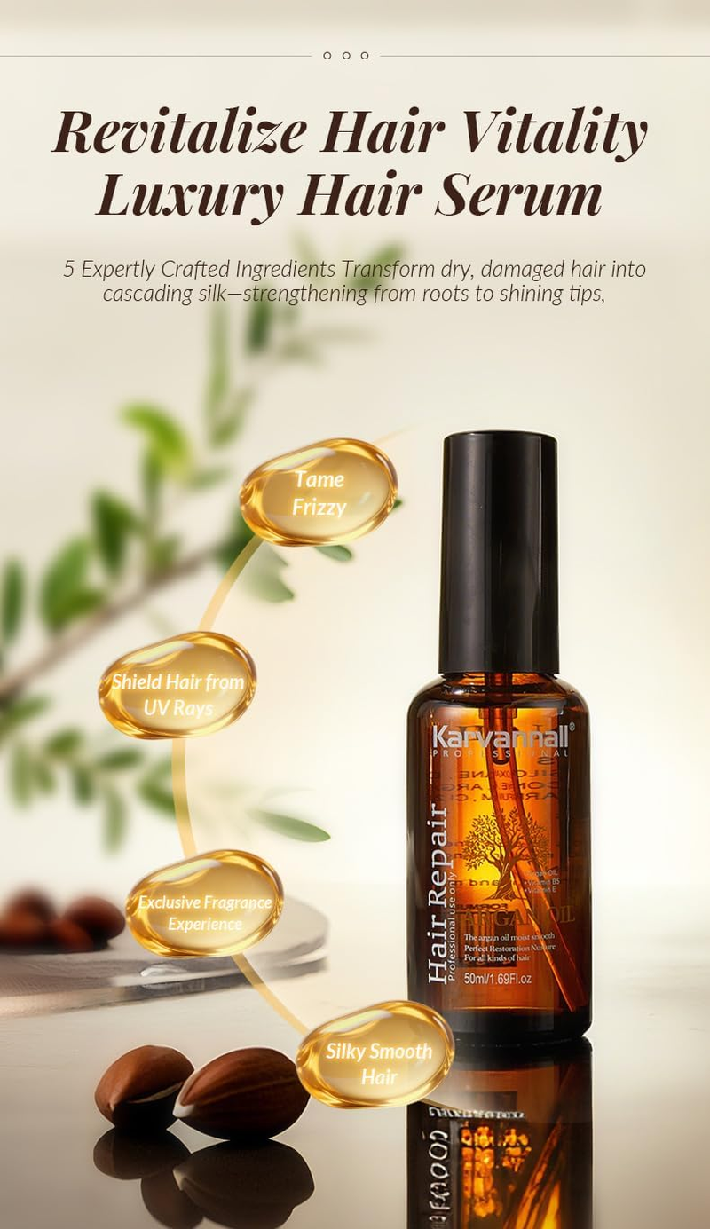 Karvannall Professional Argan Oil Hair Serum with Vitamin E and B5, 50Ml, Damage Repair, Reduce Split-Ends, Makes Silky & Smooth Hair, for All Hair Types image number 6